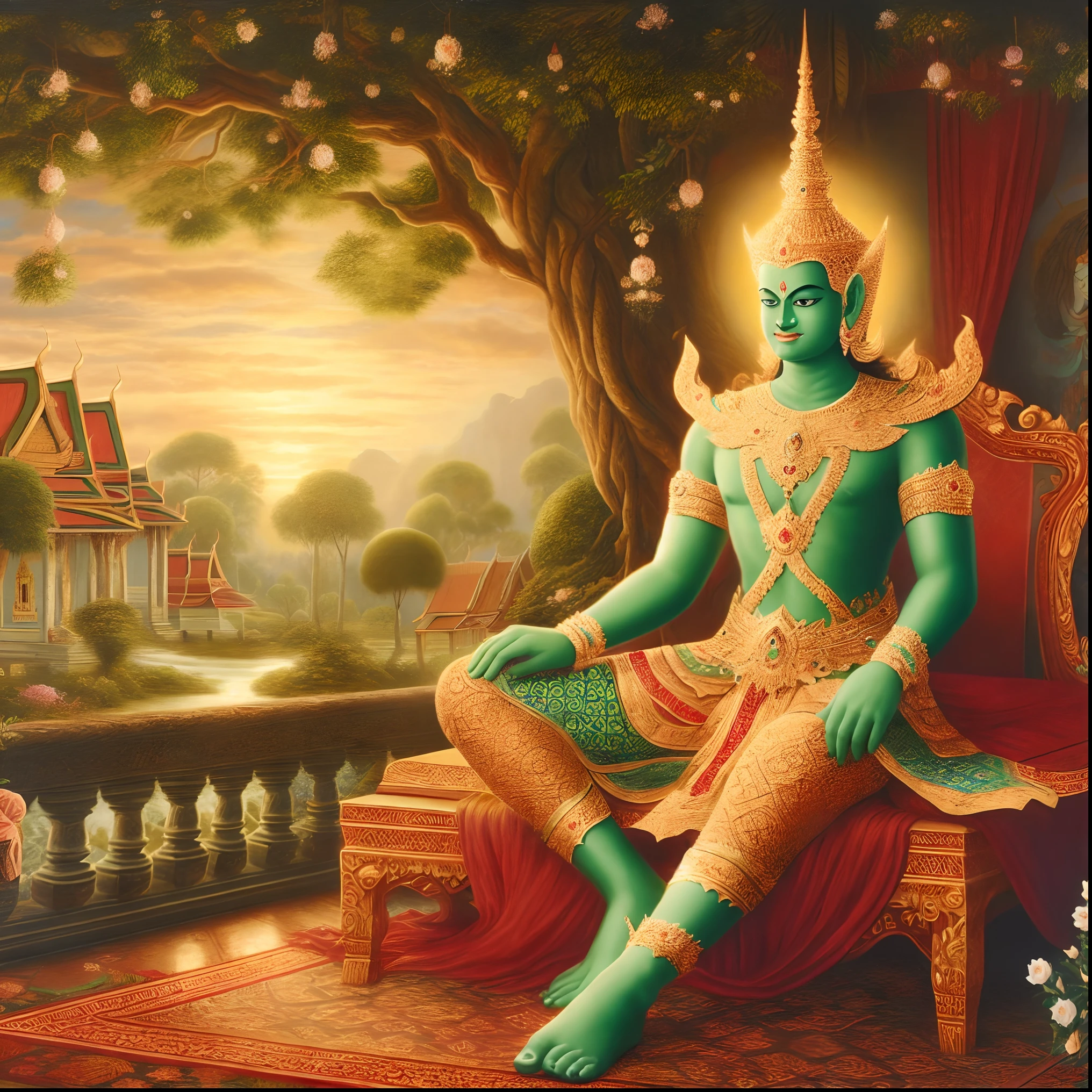 painting of a man sitting on a bench in a garden, attractive male deity, seated in royal ease, thailand art, beautiful image, the god emperor of mankind, vishnu, indian god, from ramayan, beautiful avatar pictures, green aura, apsaras warrior, ancient god, god king of ai art, divine being, temple background, buddhism, hd wallpaper