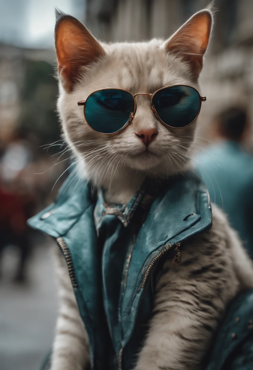 Perfect centralization, Um gatinho bonito por toda parte, Use uma jaqueta de estudante, wearing sunglasses, Usando fones de ouvido, Standing position, beleza abstrata, Centrado, looking at the camera, Facing the camera, nearing perfection, Dynamic, luar, altamente detalhado, pintura digital, art stations, Conceito-Arte, liso, foco nítido, 8k, high-definition resolution, illustration, arte de Carne Griffiths e Wadim Kashin, fundo branco