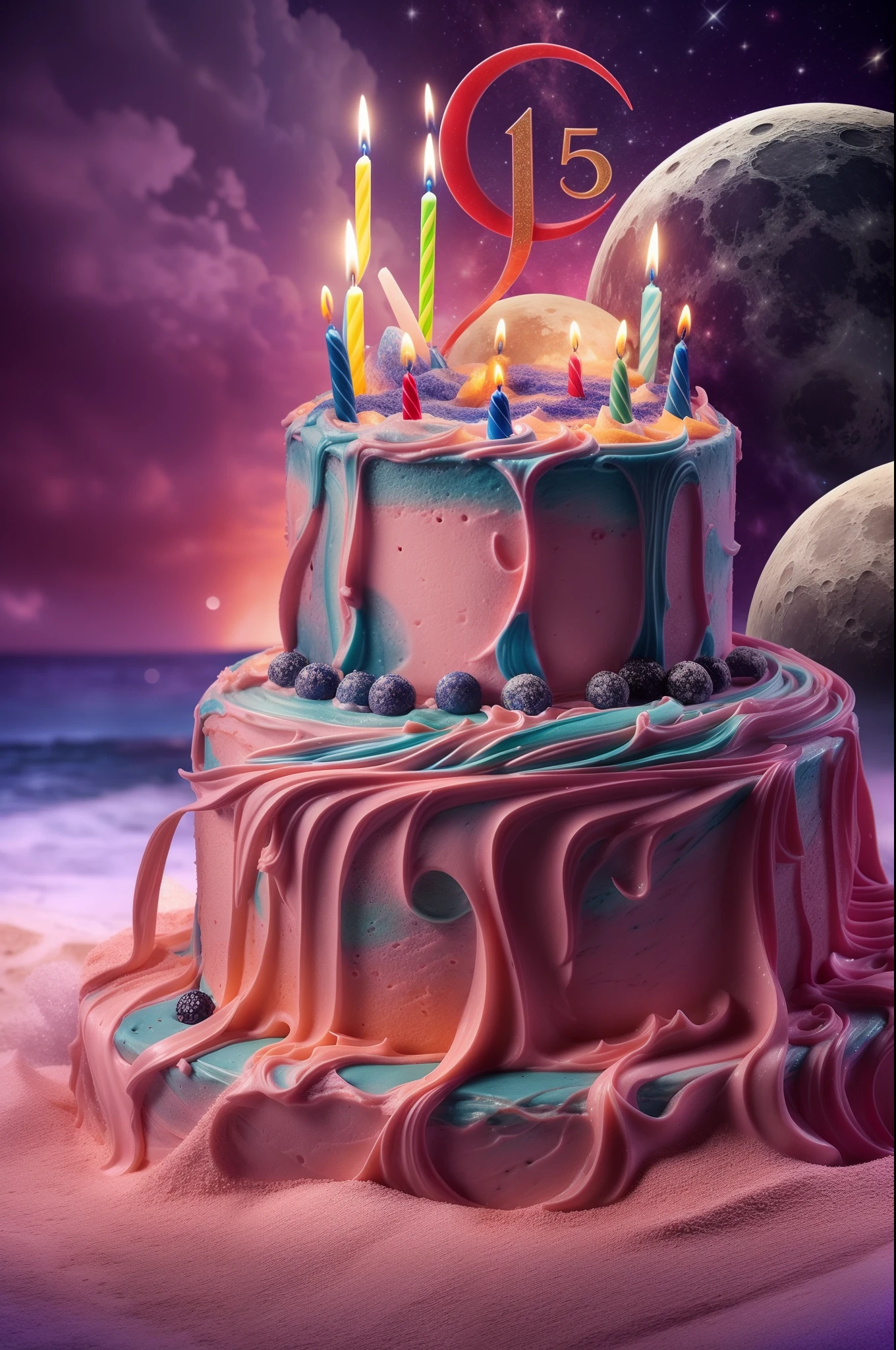 photore (Stunning and dazzling) On the birthday cake (bright) sandbeach, Moon, H.P. Lovecraft style, Lovely décor, delicated、复杂、meticuloso、high qulity、A high resolution、Dramatic lighting、8K high saturation