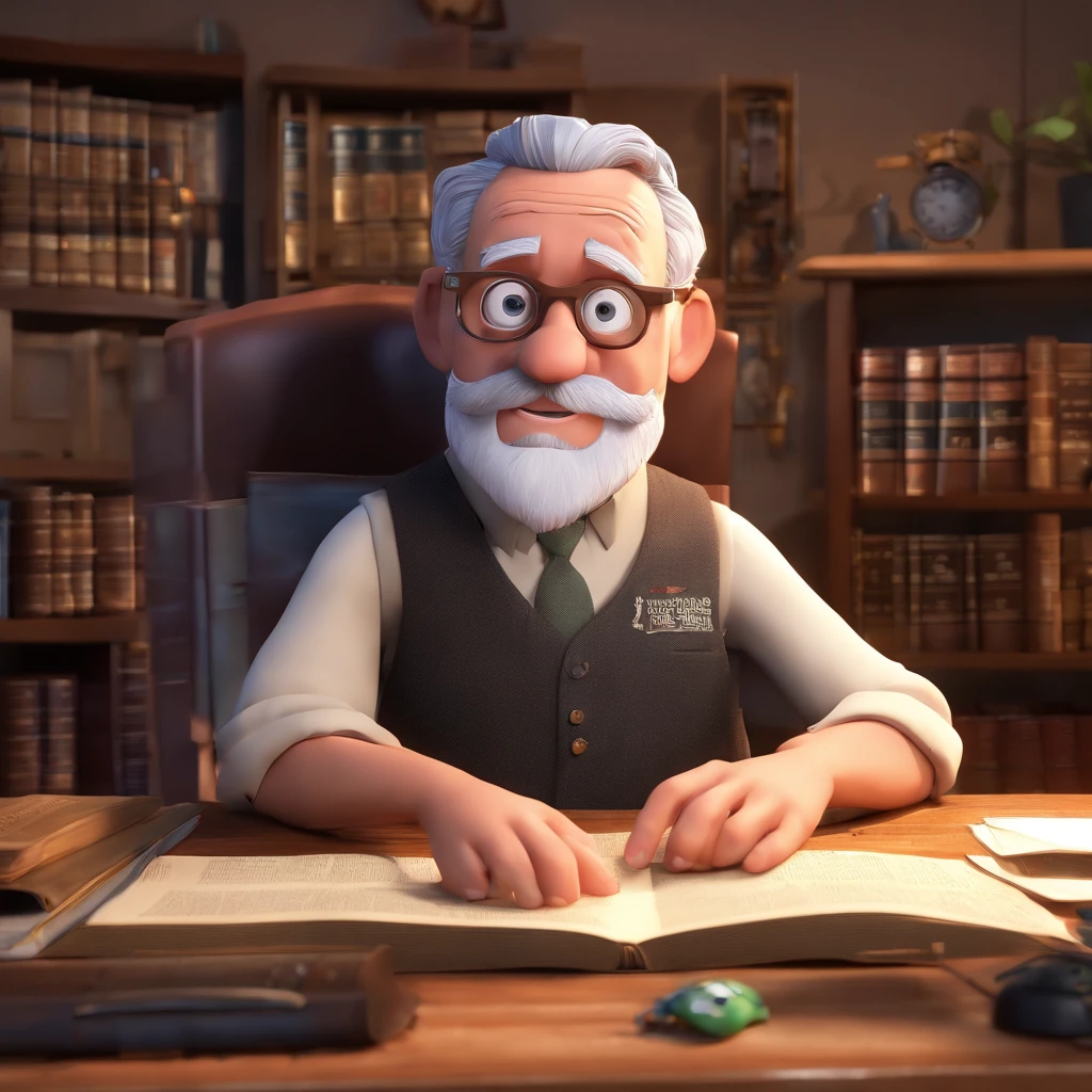 Crie um cartaz inspirado na Disney Pixar com o personagem sendo o pastor Rubens Janier, A gray-haired man wearing glasses, in an office with a Bible on the table