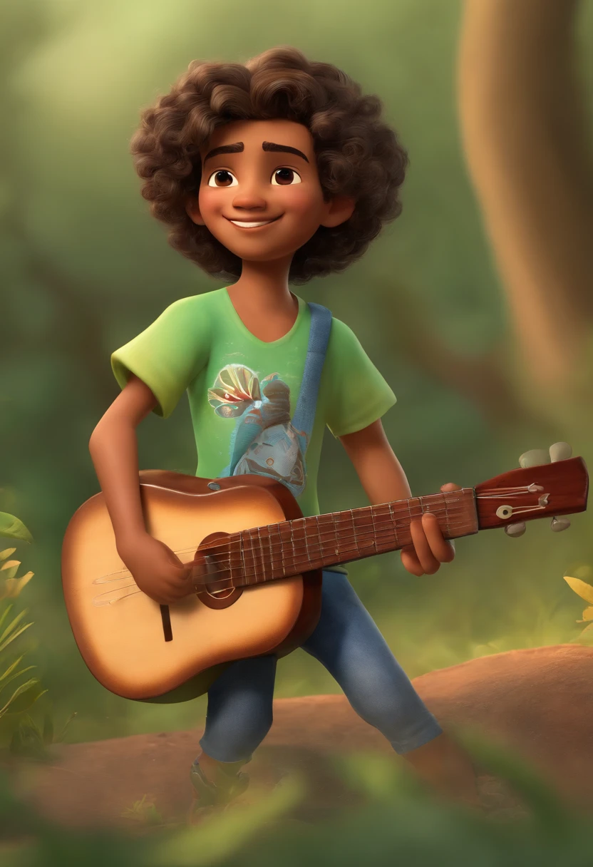 crie um banner no estilo Pixar. A boy with Indian features, moreno pardo com cabelos curtos, Castanhos escuros, Curly and slightly grayish appearance, mas jovem, usando uma camiseta, Wearing jeans and holding a classical guitar with 7 strings.