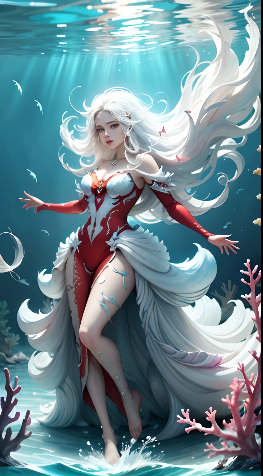 Conceptual art of marine life, Undersea landscape, Marine life，Beautiful coral reefs come in different shapes, 3D，, Fish, Female animated fantasy illustration. Long white hair scattered in the sea, Drift, Very harmonious. The whole painting adopts a messy and imaginative painting style. The colors are bright and saturated, And with smooth lines. The mystery and beauty of the ocean, The painting depicts an underwater world full of life and vitality, Animated art wallpaper 8 K, full body, closeup, Dynamic poses, red gown