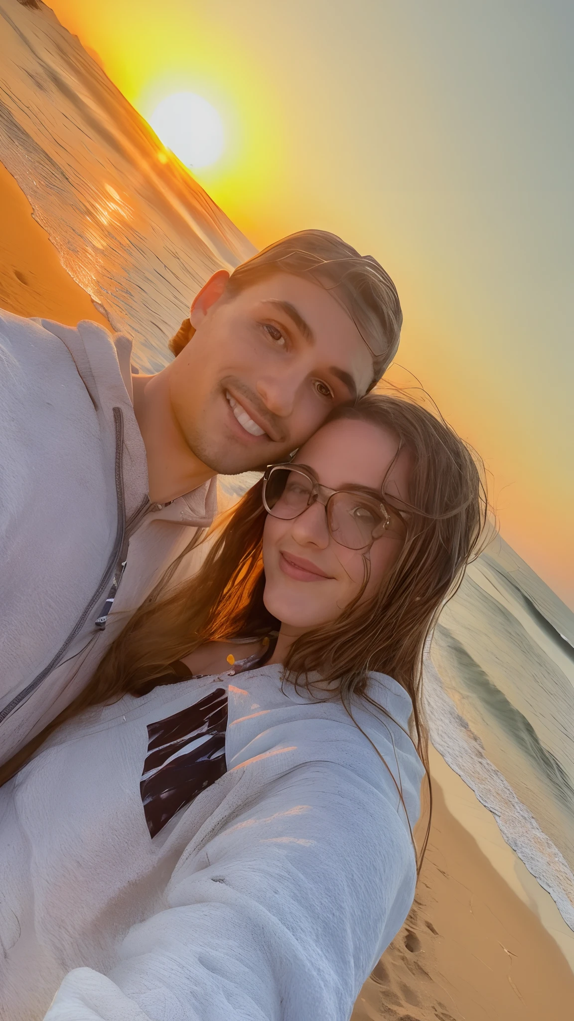 There's a man and a woman taking a selfie on the beach, on the beach during sunset, with sunset, on the beach at sunset, on the beach at sunset, at the beach on a sunset, imagem de perfil, O oceano ao fundo, with a sunset, during a sunset, during sunset, foto de perfil, at a beautiful sunset, vacation photo, oceano ao fundo
