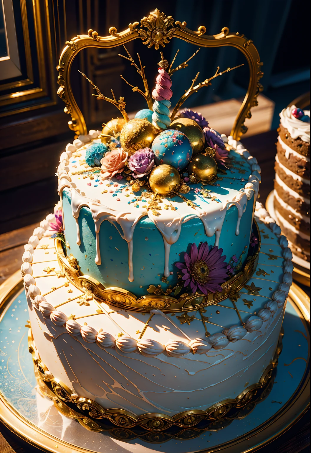 (tmasterpiece、top-quality、top-quality、aestheticly pleasing:1.2)、No Man、(A birthday cake that looks very tasty，Whimsical cake)、The is very detailed、(Fractal art)、extremely colorful、highestdetailed, The photo is framed as a close-up, Capture every delightful detail of the cake.