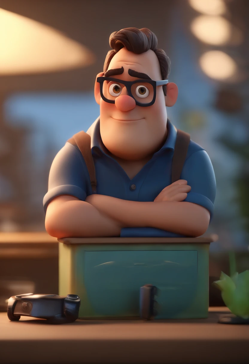 Cartoon character of a man wearing black glasses and a blue shirt, um personagem animado, Caractere estilizado, animation style rendering, 3D estilizado, Arnold Maya render, 3 d render stylized, toon render keyshot, Personagem 3D, Personagem 3D, 3d rendering stylized, 3 d character render, personagem de desenho animado, Personagem de close up, Pose de personagem, (Estilo Pixar) (master part:1.2) (Bokeh) (best quality) (pele detalhada) (textura detalhada) (8k) (argila) (Cinematic lighting) (foco nítido，Senta e vaza a parte superior do corpo