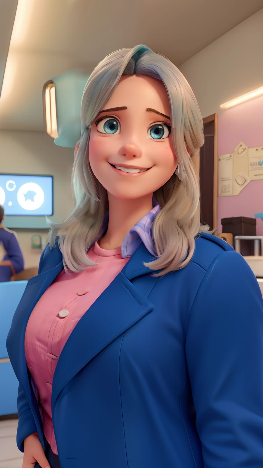 um close up de uma mulher com uma jaqueta azul e camisa rosa, cabelo loiro sorriso, com desenho parecendo da Disney pixel