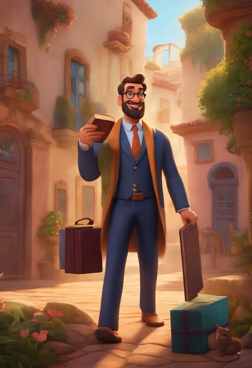 senhor calvo de cabelos grisalhos e escuros, With rectangular glasses and a smiling beard in business clothes and a Bible in one hand and watch on his wrist in pixar style