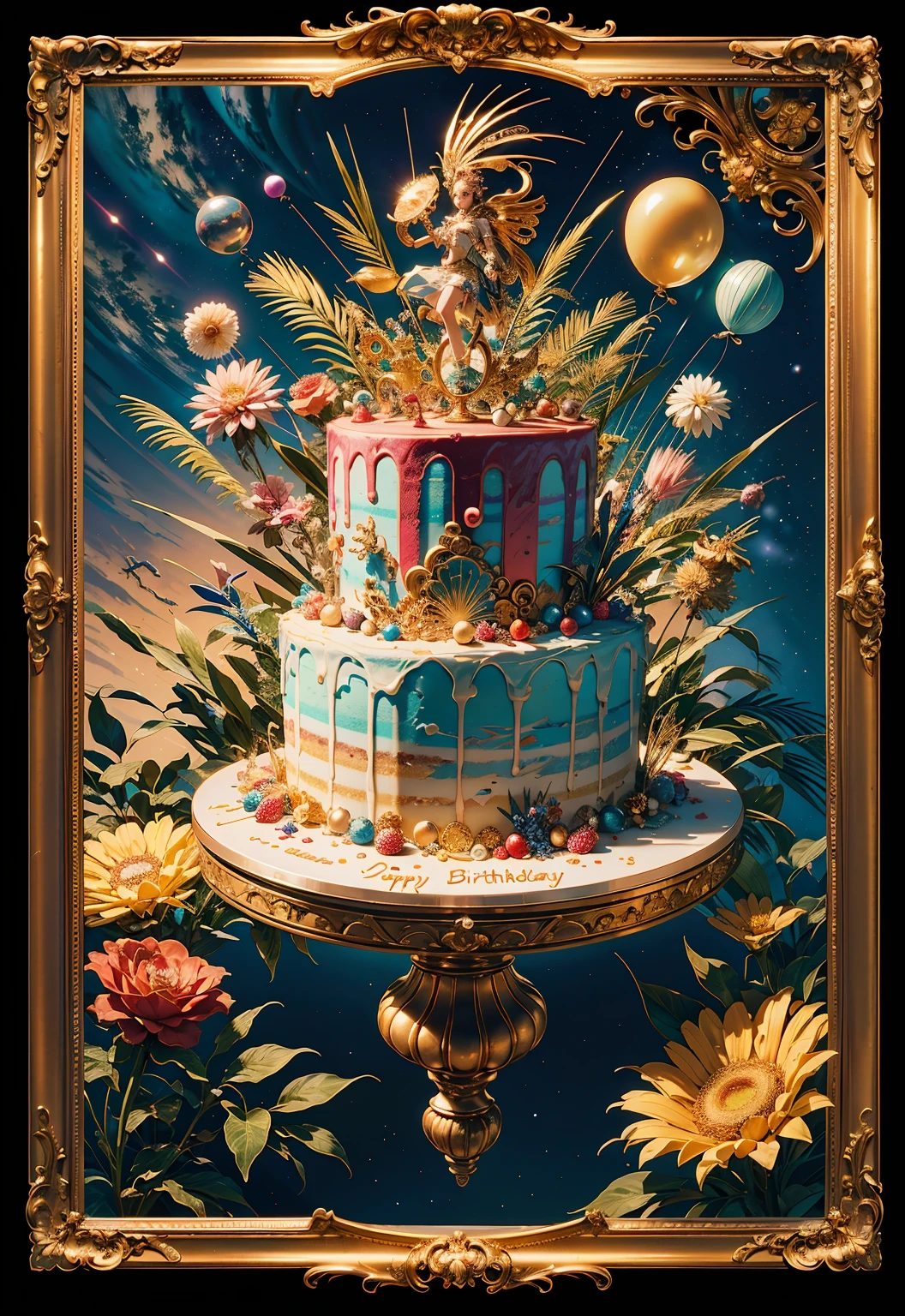 (tmasterpiece、top-quality、top-quality、aestheticly pleasing:1.2)、No Man、(A birthday cake that looks very tasty，Whimsical cake)、The is very detailed、(Fractal art)、extremely colorful、highestdetailed, The photo is framed as a close-up, Capture every delightful detail of the cake.