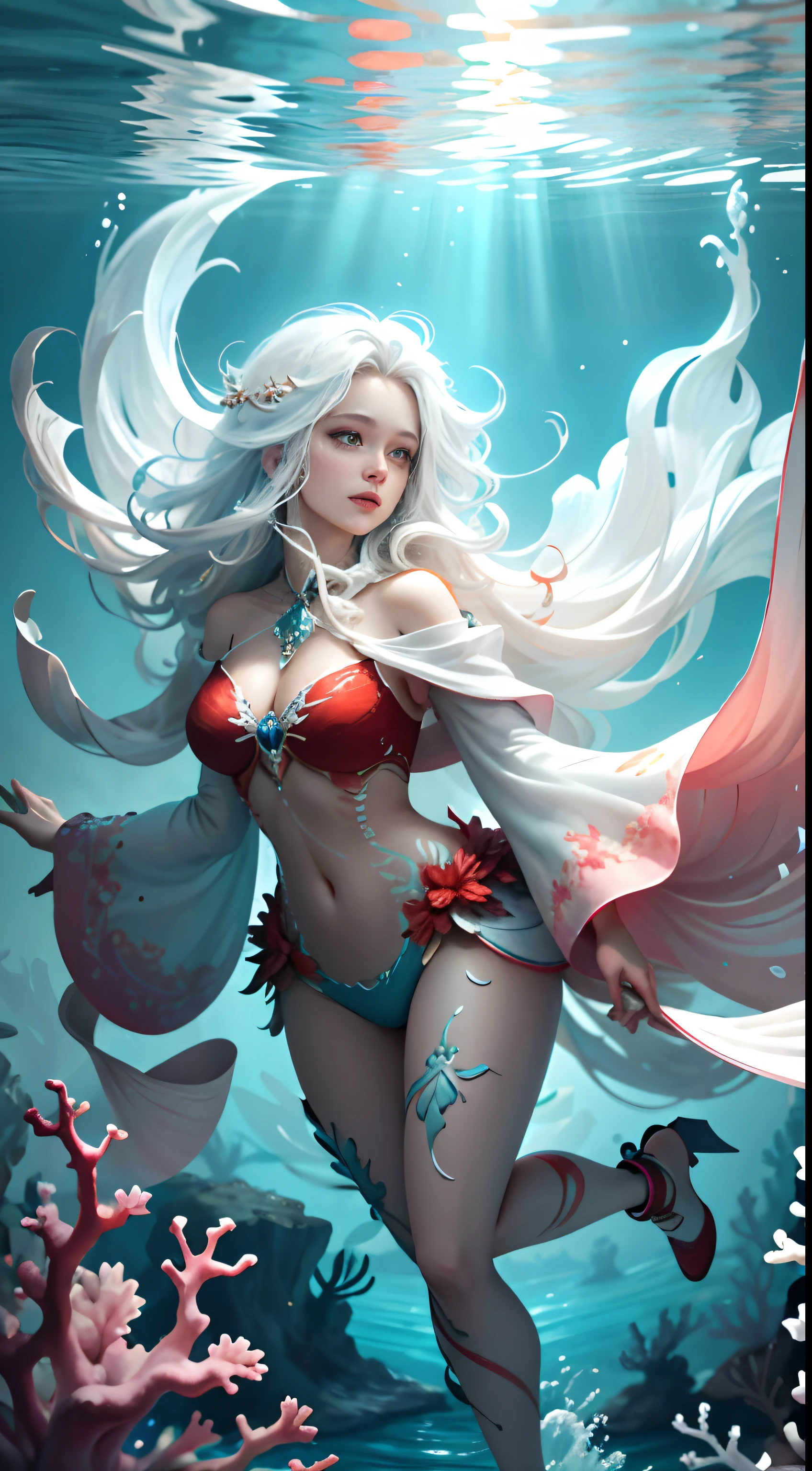 Conceptual art of marine life, Undersea landscape, Marine life,Beautiful coral reefs come in different shapes, 3D,, Fish, Female animated fantasy illustration. Long white hair scattered in the sea, Drift, Very harmonious. The whole painting adopts a messy and imaginative painting style. The colors are bright and saturated, And with smooth lines. The mystery and beauty of the ocean, The painting depicts an underwater world full of life and vitality, Animated art wallpaper 8 K, full body, closeup, Dynamic poses, red gown