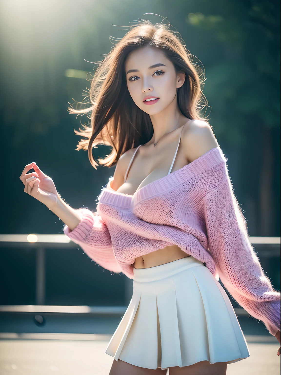 Masterpiece, highest quality, high resolution, (Best Quality, 8K, 32K, nsfw:1.2), (1 slender young woman of Japan, 18 years old), (medium long length brown Curly hair), Bright foreground, amber eyes, Professional Lighting, Photon mapping, shading:1.3, (high-detail skin:1.2), equal sized breasts, (Huge breasts:1.5), ((Provocative Dynamic Poses)), hyperdetailed face, Detailed lips, Detailed eyes, Double eyelids, Looking Camera, (Sensual gaze on the photographer), High quality, 4K, massive breast:1.5, sexy, no freckles, no moles, spotless body, detailed face, detailed mouth, detailed teeth, detailed eyes, detailed breast, 2 hands with perfect fingers, tall body, slim body, thin waist, beautiful face, perfect skin, strong abs, hide hands, ((full body picture)), bubble butt, make up, erotic photoshoot, fit, ((professional at photography lighting)), (natural breast), Photorealsitic, surrealistic, hands are out of view, can’t see hands, can’t see fingers, cleavage, beauty, pretty, beautiful breasts, happy smile, perfect teeth, perfect lips, beautiful teeth ,(SFW), (((hyperrealistic photograph))), ((wearing A pastel-colored oversized sweater paired with a floral skater skirt, white knee-high socks, and cute sneakers)), (gigantic breast), (up skirt), (no logo), (no text),(no watermark),(no signature), (perfect face, no wrinkle), (no sagging breast), ((full body photo)), (in modern skateboard park), (look from behind), (exposed panty), (girl jump in the air not touching ground), (no one in background), (no bang on hair)