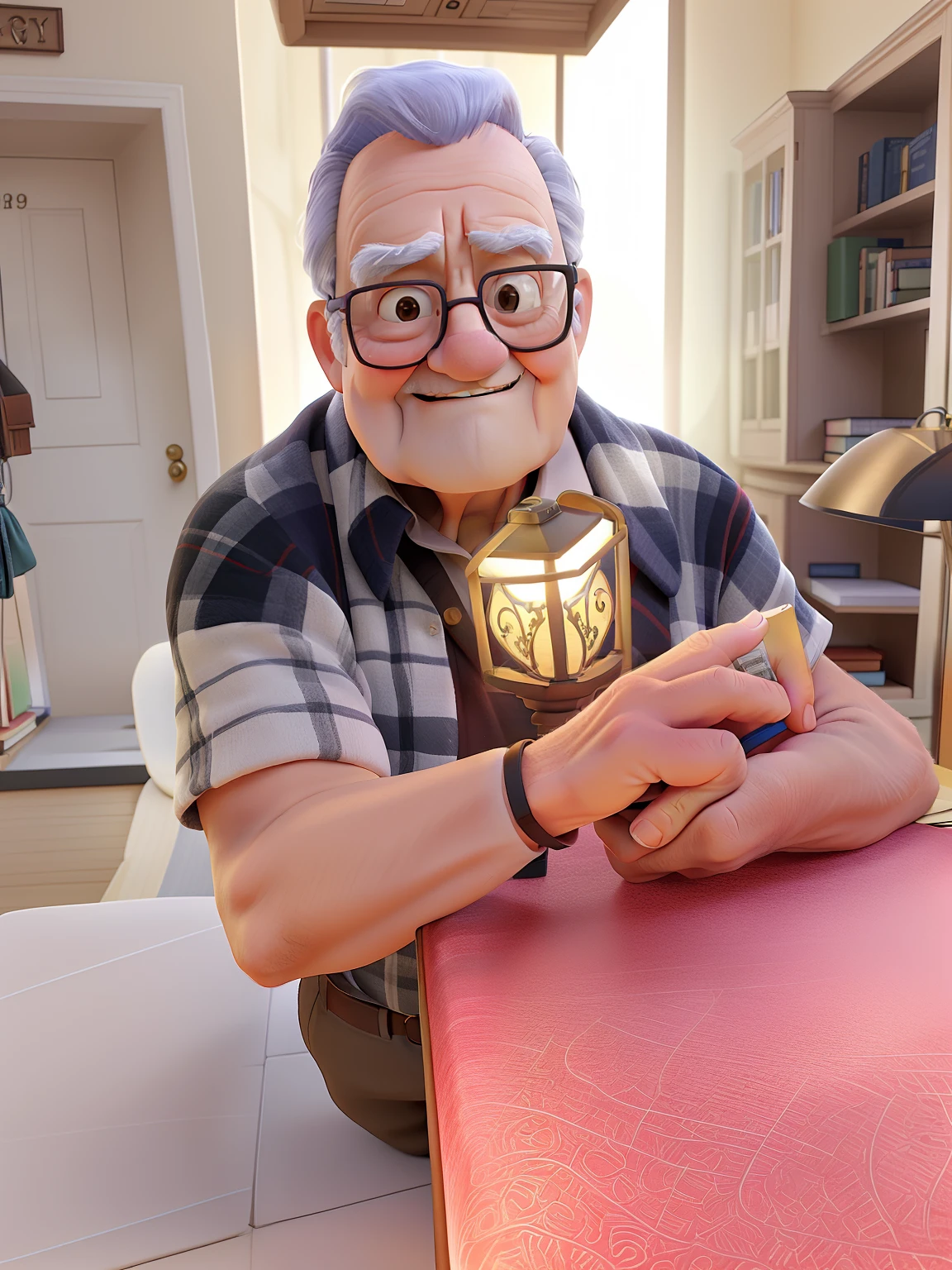 A wise old man standing in front, illuminated by the light of a lamp, against the backdrop of a library