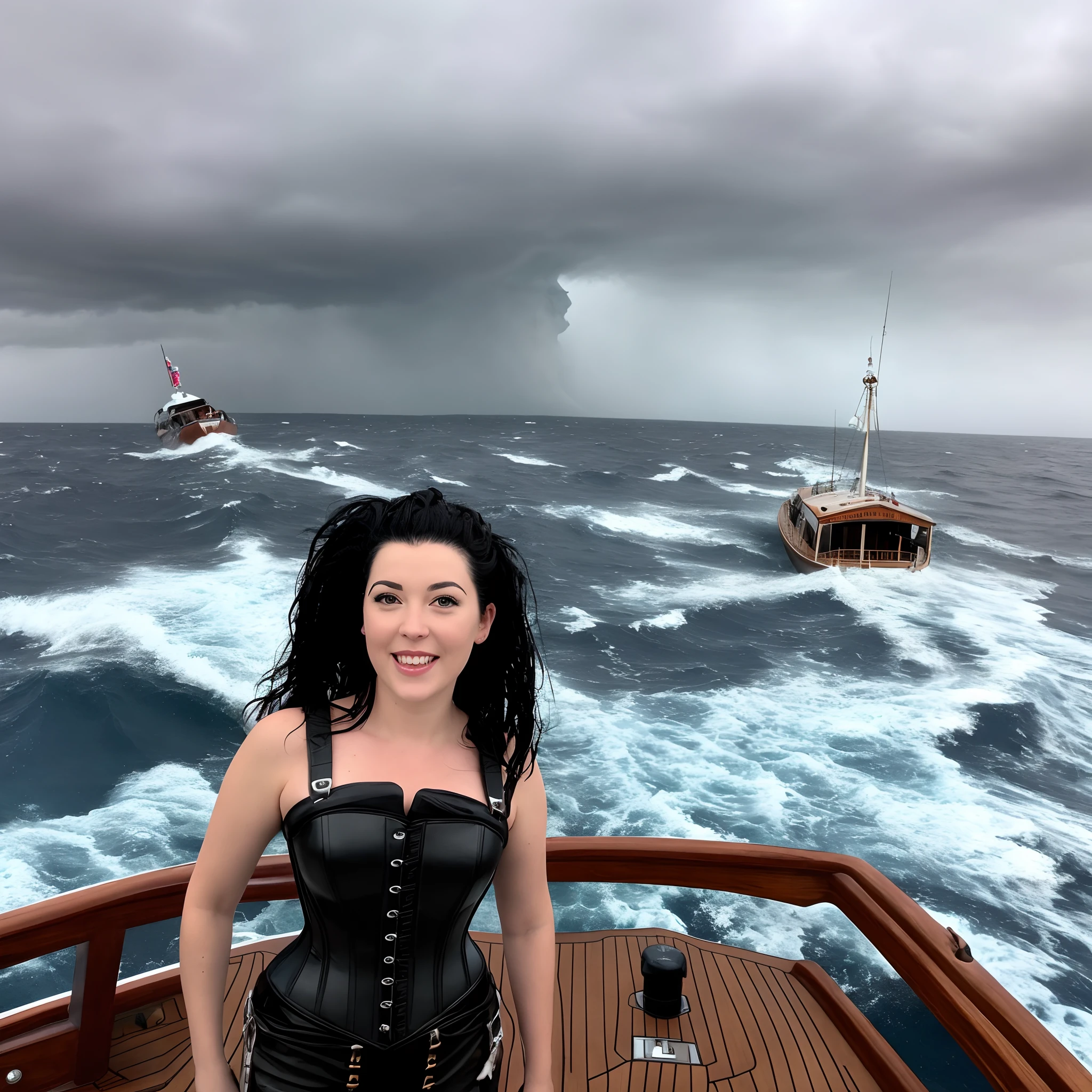 A woman with black hair and eyes is wearing a a black leather top with a black leather corset and black leather pants and black leather boots.she is kneeling on a pirate ship with both hands on the ground and her head looking straight ahead. The boat on which she is located is an old black wooden pirate ship which suffered the attack of a sea storm so the hulls of the boat were torn and the boat was soaked. On this picture you can see mostly the boat with the sea storm behind and you see in the middle of the ship the woman