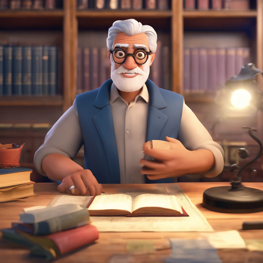 Crie um cartaz inspirado na Disney Pixar com o personagem sendo o pastor Rubens Janier, A gray-haired man wearing glasses, in an office with a Bible on the table