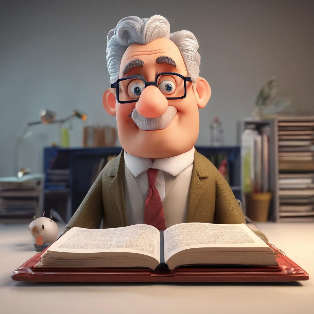 Crie um cartaz inspirado na Disney Pixar com o personagem sendo o pastor Rubens Janier, A gray-haired man wearing glasses, in an office with a Bible on the table
