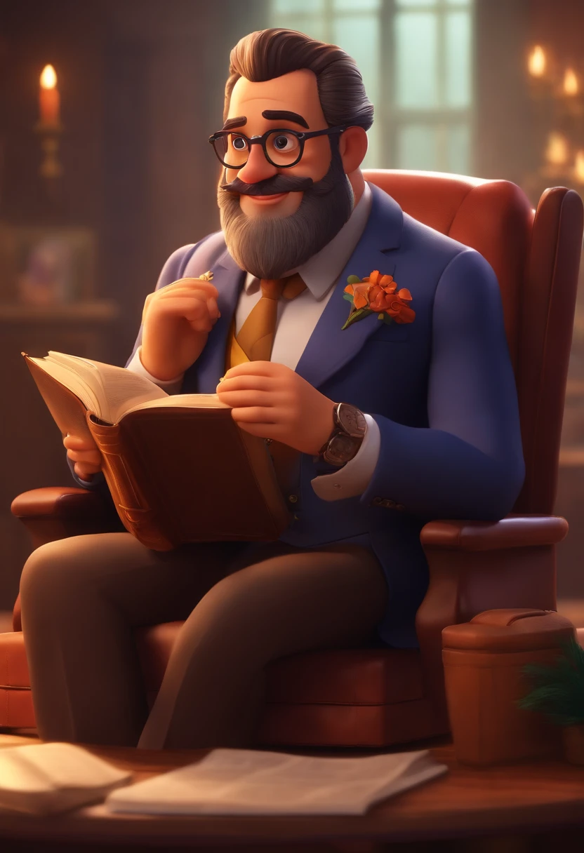 senhor calvo de cabelos grisalhos e escuros, With rectangular glasses and a smiling beard in business clothes and a Bible in one hand and watch on his wrist in pixar style