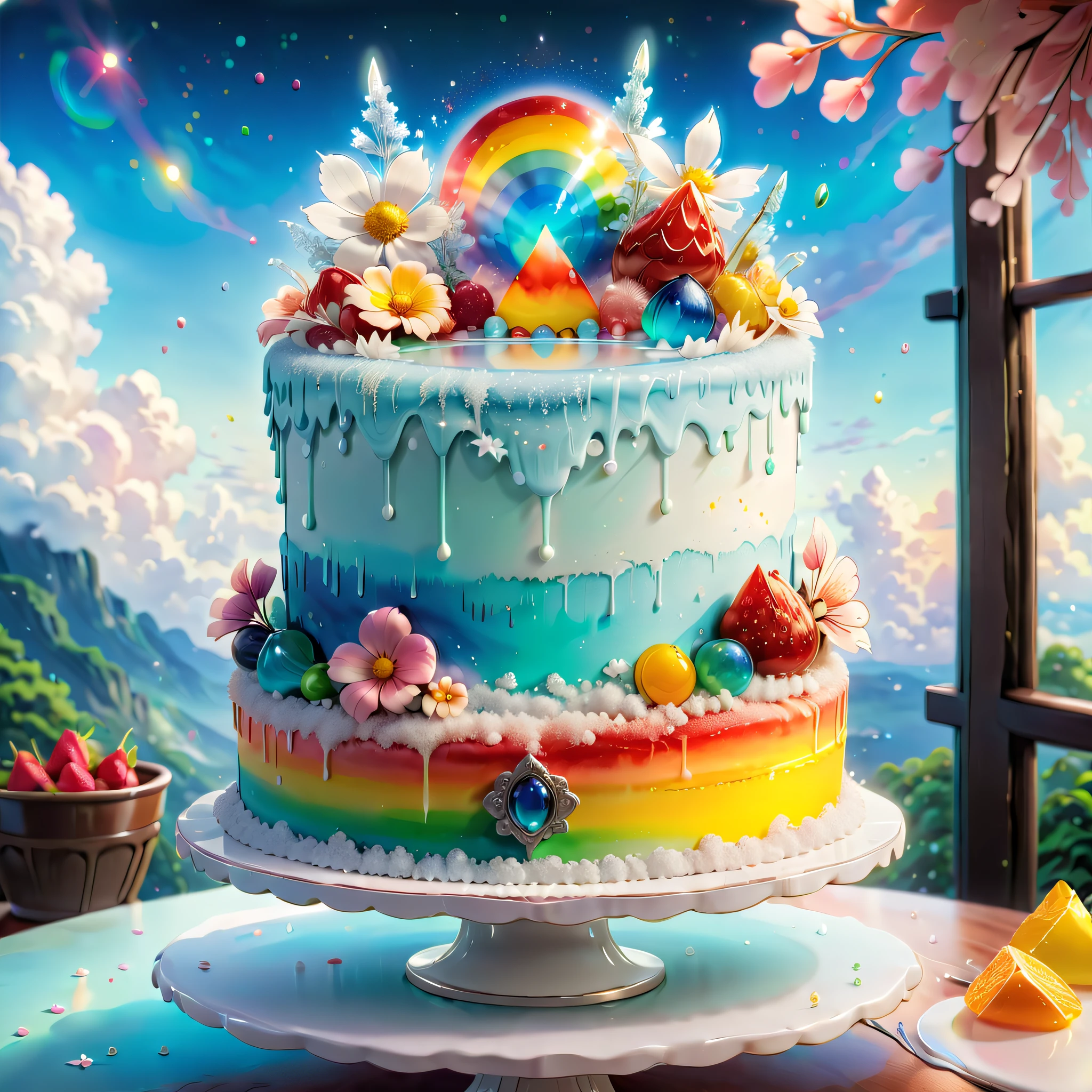 (Imagine that,A dreamy fairytale birthday cake hovers over the dining table,The color of the reflected light,The cake connects different layers of dreamy ice crystals and crystal decorations,It is decorated with crystal textures and frosted flowers,And on top of the cake hangs a gorgeous and spectacular dream candy sculpture and other dream food decorations) ,The painting can have a dreamlike tranquil vibe, Soft clouds and a brightly colored RGB color palette, (Studio Ghibli-like colors, Cinematic lighting, First-person perspective, Angle, panoramic, Ultra-wide angle, Ultra-high definition, Anatomically correct, masterpiece-quality, Selected, Award-winning, Best quality, Extremely colorful, highestdetailed, Close-up of details, Capture every delightful detail of the cake)