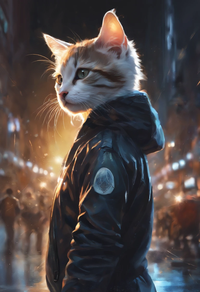 Perfect centering, A cute kitten all over, Wear a student jacket, Wearing sunglasses, Wearing headphones, Standing position, Abstract beauty, Centered, Looking at the camera, Facing the camera, nearing perfection, Dynamic, Moonlight, Highly detailed, Digital painting, art  stations, concept-art, smooth, Sharp focus, 8K, high definition resolution, illustration, Art by Carne Griffiths and Wadim Kashin, White background