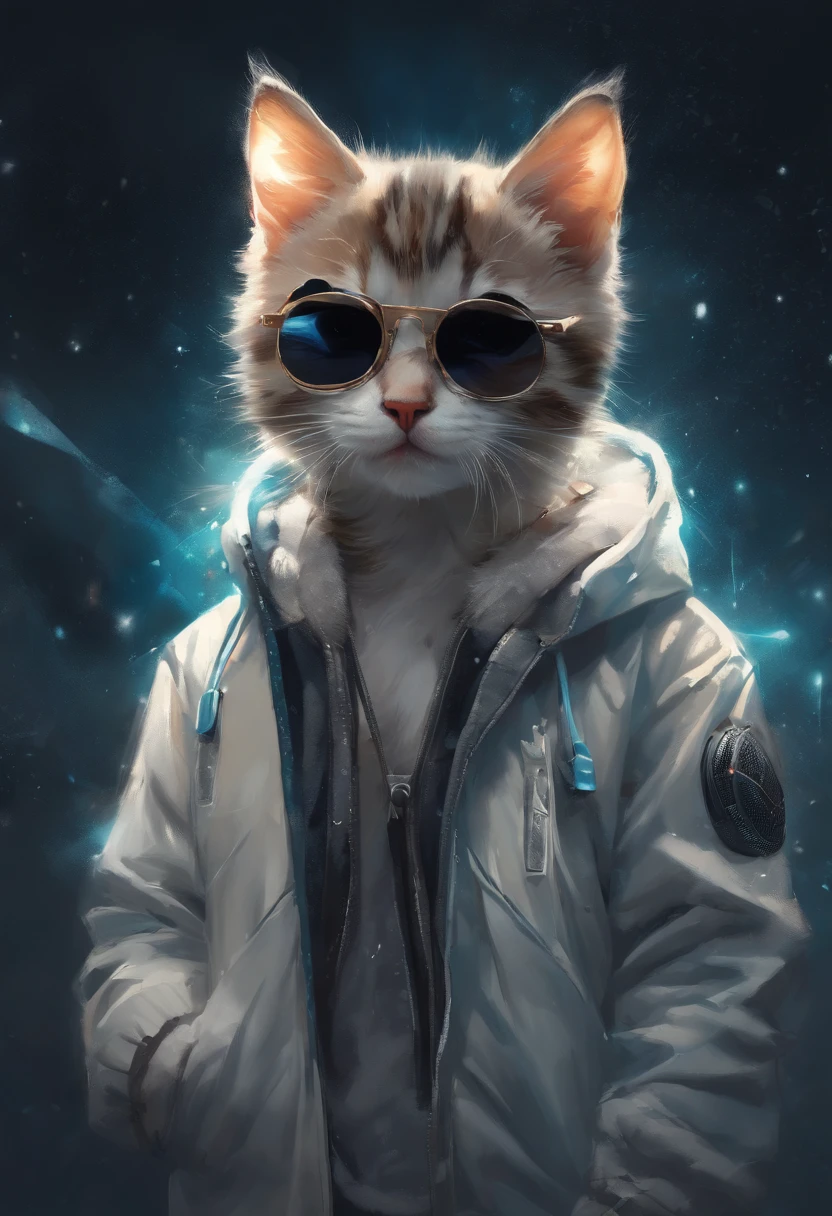 Perfect centering, A cute kitten all over, Wear a student jacket, Wearing sunglasses, Wearing headphones, Standing position, Abstract beauty, Centered, Looking at the camera, Facing the camera, nearing perfection, Dynamic, Moonlight, Highly detailed, Digital painting, art  stations, concept-art, smooth, Sharp focus, 8K, high definition resolution, illustration, Art by Carne Griffiths and Wadim Kashin, White background