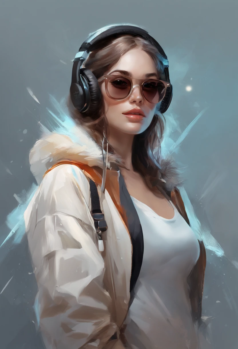 Perfect centering, A cute kitten all over, Wear a student jacket, Wearing sunglasses, Wearing headphones, Standing position, Abstract beauty, Centered, Looking at the camera, Facing the camera, nearing perfection, Dynamic, Moonlight, Highly detailed, Digital painting, art stations, concept-art, smooth, Sharp focus, 8K, high definition resolution, illustration, Art by Carne Griffiths and Wadim Kashin, White background