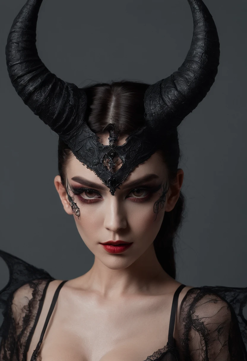 Horned demonic woman dressed in black lingerie posing for a photo in a dark studio, maquiagem preta, Corpo Perfeito, pose sensual, ultra detalhado, master part.