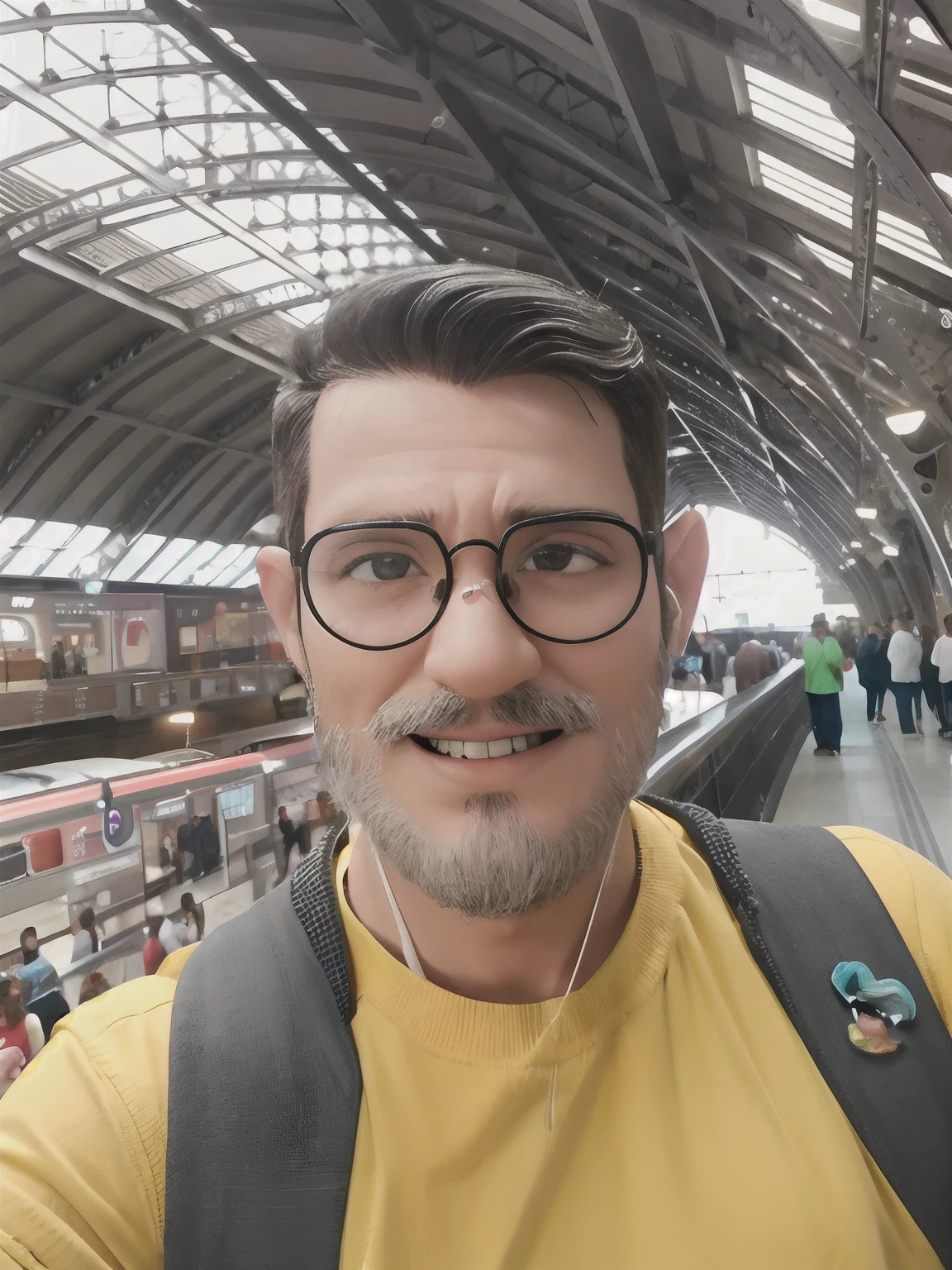 Homem branco, alto, magro, com barba curta, cabelo castanho liso para o lado, com oculos, Walking in Luz station