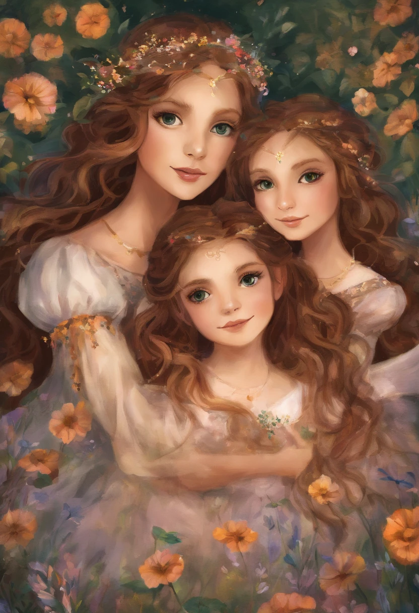 make a image 3 girl friends ( brown eyes, brown hair) playing in a fantasy florest full of flowers