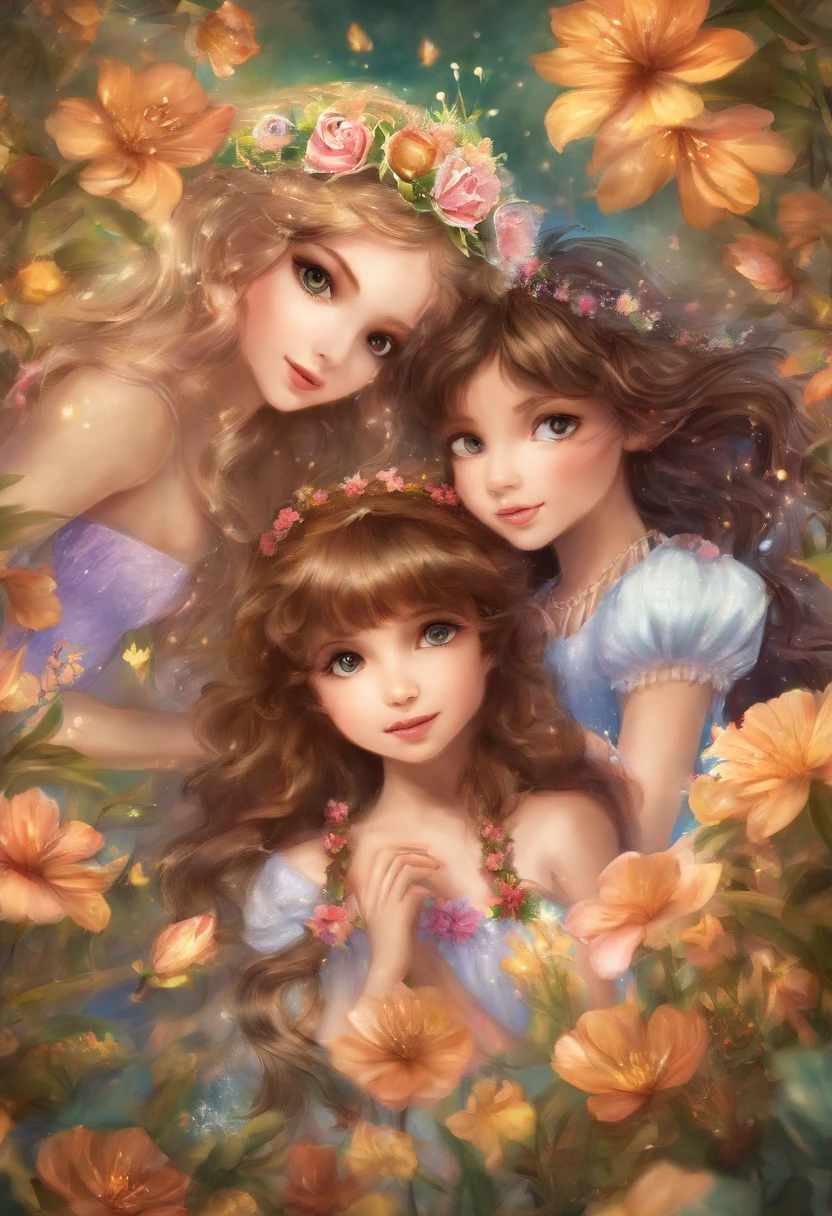 make a image 3 girl friends ( brown eyes, brown hair) playing in a fantasy florest full of flowers