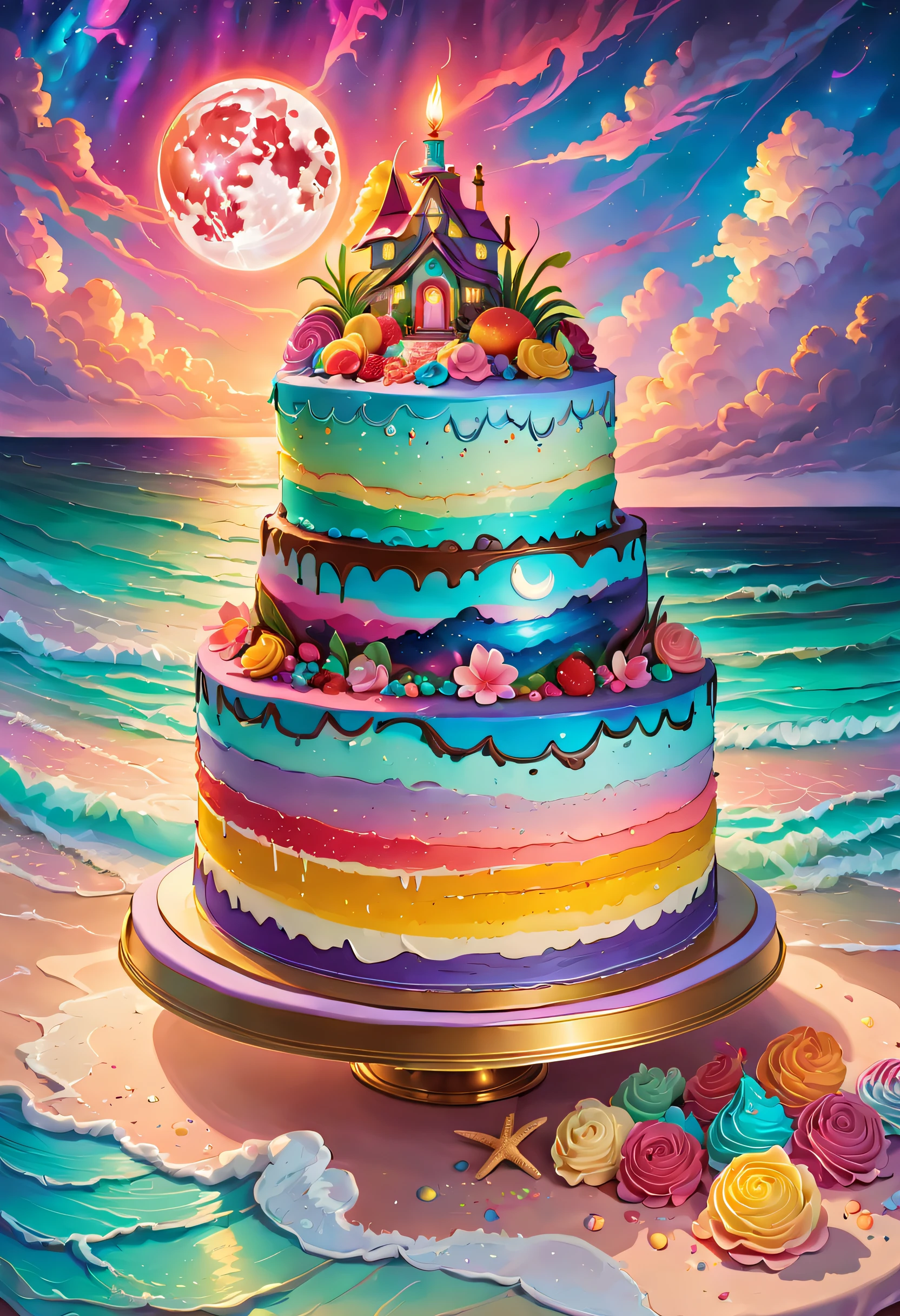 (best quality,8k,highres,masterpiece:1.2),dramatic lighting,bright beach on a stunning cake,full moon,hp Lovecraft style,cute decorations,exquisite,detailed,dramatic lighting,high saturation，，The painting can have a dreamlike tranquil vibe, Soft clouds and a brightly colored RGB color palette, (Studio Ghibli-like colors, Cinematic lighting, First-person perspective, Angle, panoramic, Ultra-wide angle, Ultra-high definition, Anatomically correct, masterpiece-quality, Selected, Award-winning, Best quality, Extremely colorful, highestdetailed, Close-up of details, Capture every delightful detail of the cake)