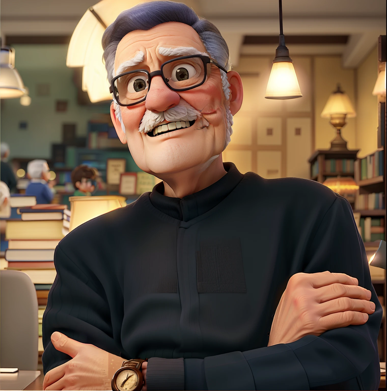 A wise old man standing in front, illuminated by the light of a lamp, against the backdrop of a library
