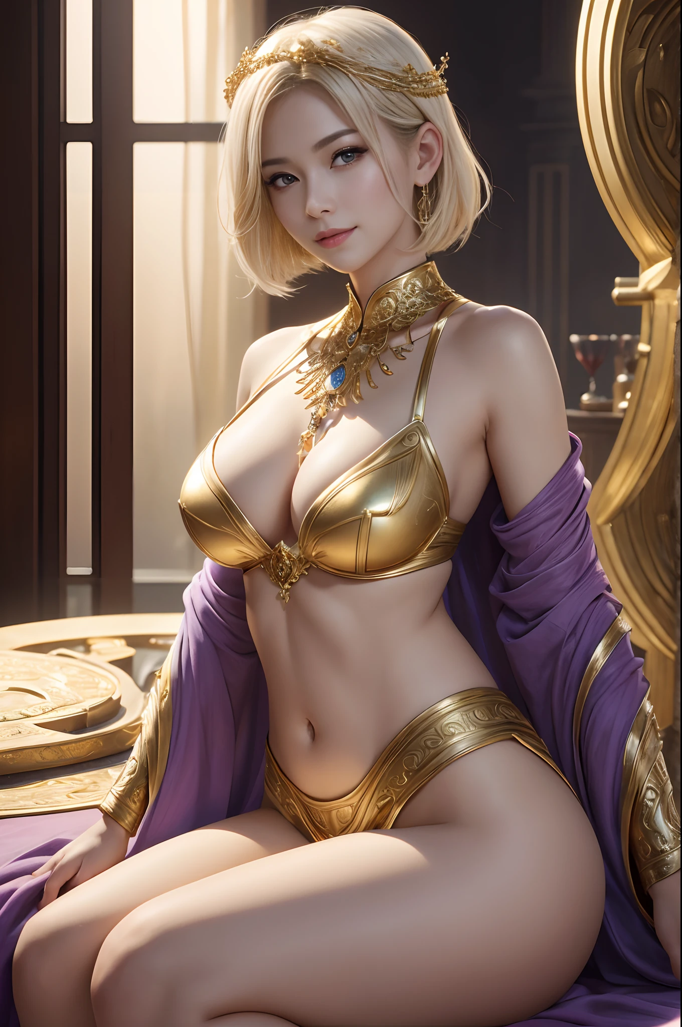 8K、The highest quality of photorealistic RAW photos。1.4)(adult lady<>a person) Super beauty(Lifelike face) Mature woman in purple short bob、Ethereal、goddes、large full breasts、vivd colour、Gold and White Goddess Costume,white greek peplos、Golden hair、The perfect female figure、a smile、trending on artstationh、​masterpiece、8K分辨率、Fantasyart、超A high resolution,real looking skin,Golden decoration,