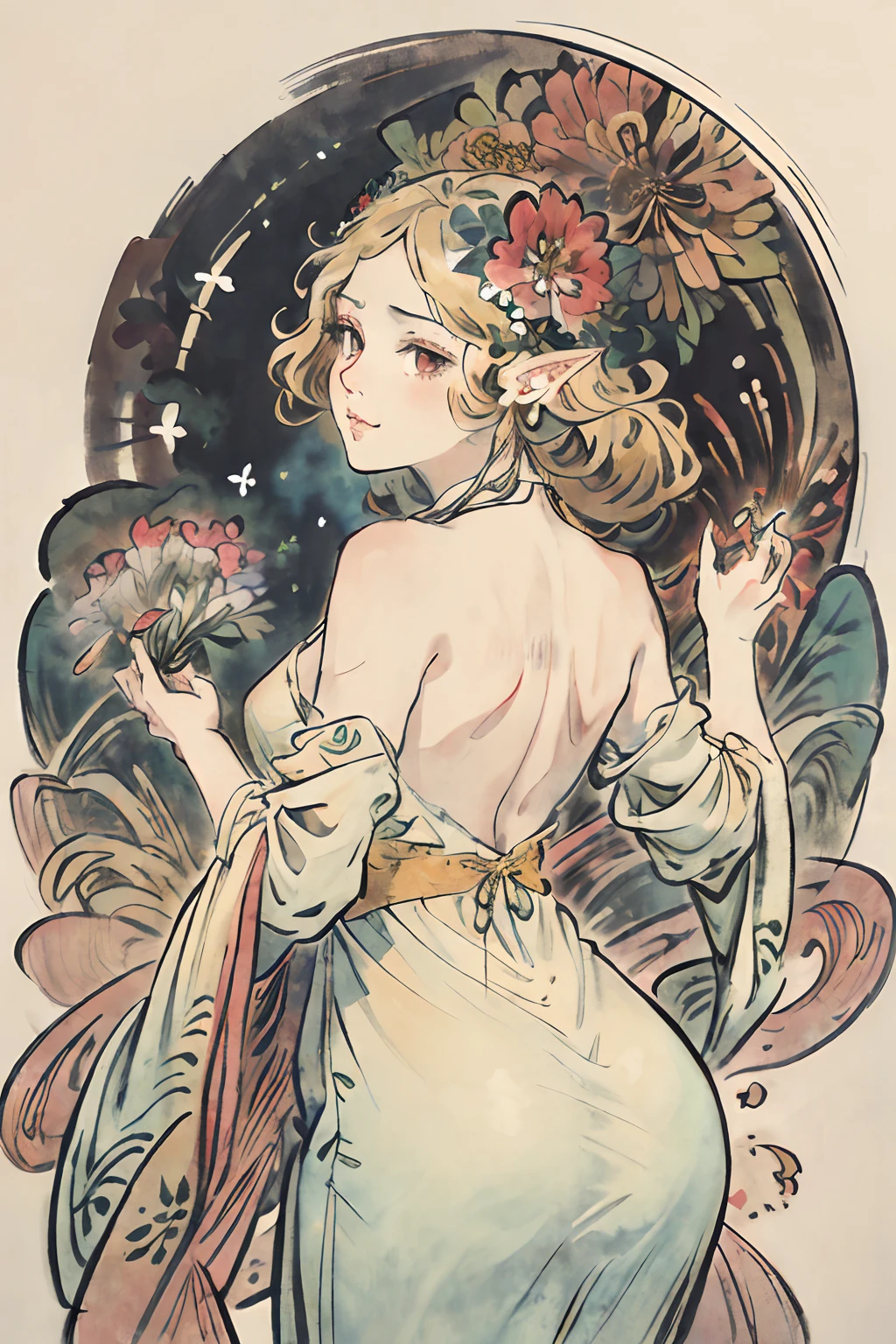 (art nouveau:1.25), Maximalism artstyle,neon theme,suprematism,beautiful detailed flower, beautiful detailed eyes,hyper detailed,flower,hyper quality,,eyes,flower and hair is same color,beautifuly color,face,her hair is becoming flower, flower,hair,flower,butterfly,,1girlkawaii,,high details, high quality,back light,hair and clothes is flower,upper body ,high quality,hair with body ,webbed dress, upper body, flower leg, flower hands,body with flower, flower with clothes , dress with flower, , light particles,black background, Hair with flower,small breast with flower,floating hair with flower,floating1girl,small breast, marbling with hair and clothes, looking at viewer,original,arm down, paper cutting, black background, flower forground, hair with flower,highres, hair with flower,hair with flower ,hair, wavy hair ,diffusion lighting, abstract,Butterfly with body, flower with hair, her hair is flower,big top sleeves, floating,pupils, [[hair over one eye]],dark SFW,masutepiece, Best Quality, High resolution, 1girl in, upper body, Details Girl, detail hands, Detail fingers, Detail Face, detail legs, 1girl in, elf, watercolor paiting, pale skin, Petite, Blonde hair, Long hair, Wavy Hair, Green eyes, tareme, medium breasts, white sundress, Bare back,flower wall panel background,looking at viewer,[[tears]],smile