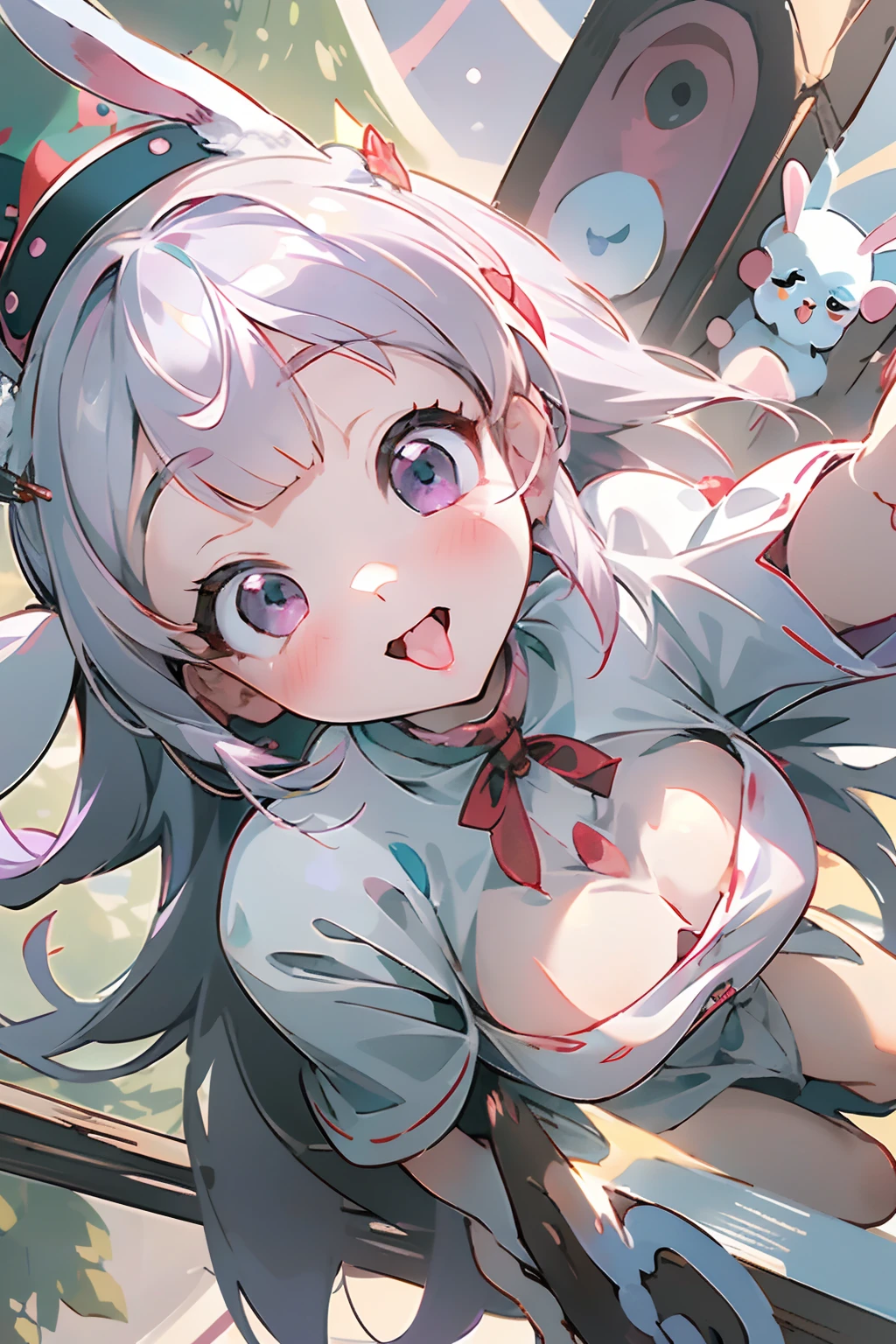best qualtiy、1girl in、Baby face、A smile、a cool、kawaii eyes、a purple eye、Santa hat with rabbit ears、Santa Clothes、Colossal tits、tongue、Stick out the tongue、Concentrate on the tongue、((Mouth wide open、Show the inside of the mouth))、Showing throat、long tongue、teak、lip、