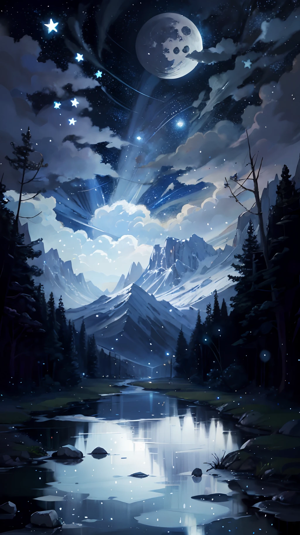 A painting of a river with stars and moon in the sky, concept art inspired by Tosa Mitsuoki, pixiv contest winner, best quality, fantasy art, beautiful anime scene, a bright moon, moonlit starry environment, dream painting, Anime Background Art, Fantasy Landscape Art, Fantasy Night, Anime Background, Background Artwork, Fantastic Art, Atmospheric Anime, Starry Sky, Detail Enhanced.