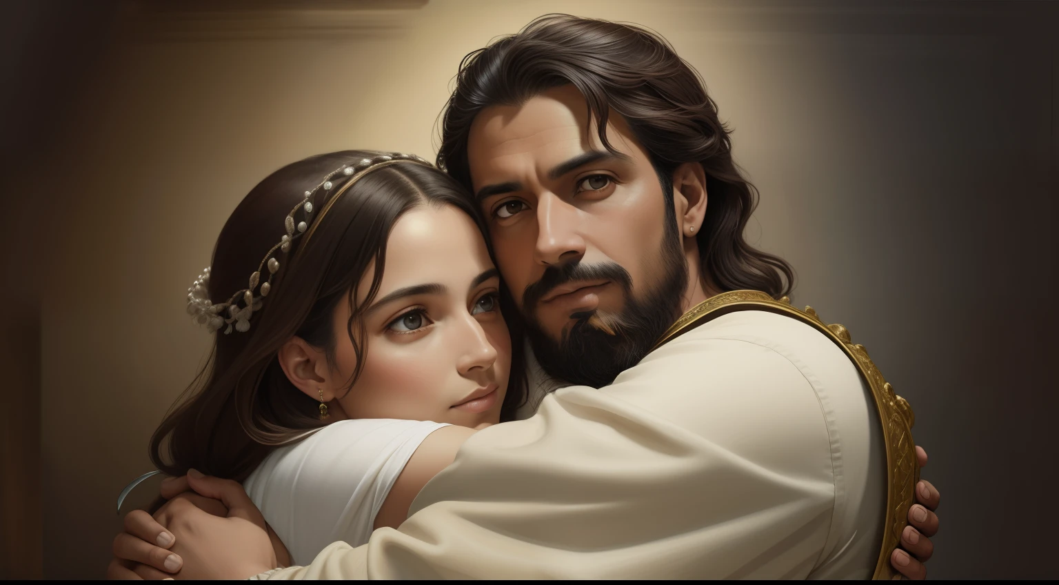 Um belo retrato realista ultra-fino de Jesus, O Profeta, um homem 34 anos morena hebraica, cabelos castanhos curtos, barba marrom longa, com, Woman falling into her arms, wearing long linen tunic closed on the breast part, em vista frontal, corpo inteiro, biblical, Realistic,by Diego Velázquez,Pedro Paulo Rubens,Rembrandt,Alex Ross,8k, arte conceitual, fotorrealista, Realistic, Surrealismo, hiper-realista, hugs in the arms , arte digital, Cinematic Realistic Picture