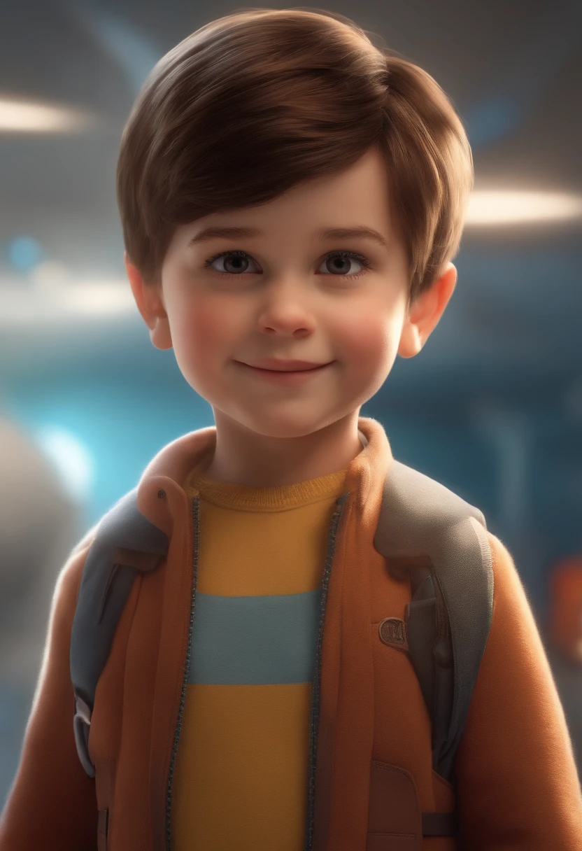 a happy cute kid standing short hair, vestindo uma fantasia espacial, , fundo branco, barnet, Tom, Estilo Pixar, ....3d, desenhos animados, rosto detalhado, asymmetrical 16k