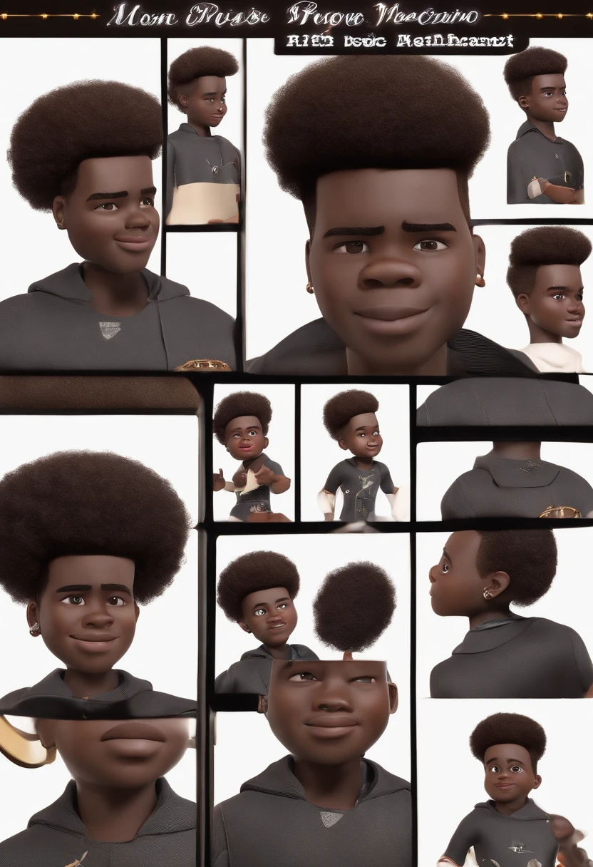 Um negro, cabelo afro curto, Feliz, fundo branco, Child, Tom, Estilo Pixar, ......3d, Cartoon, Rosto detalhado, asymmetrical 16k