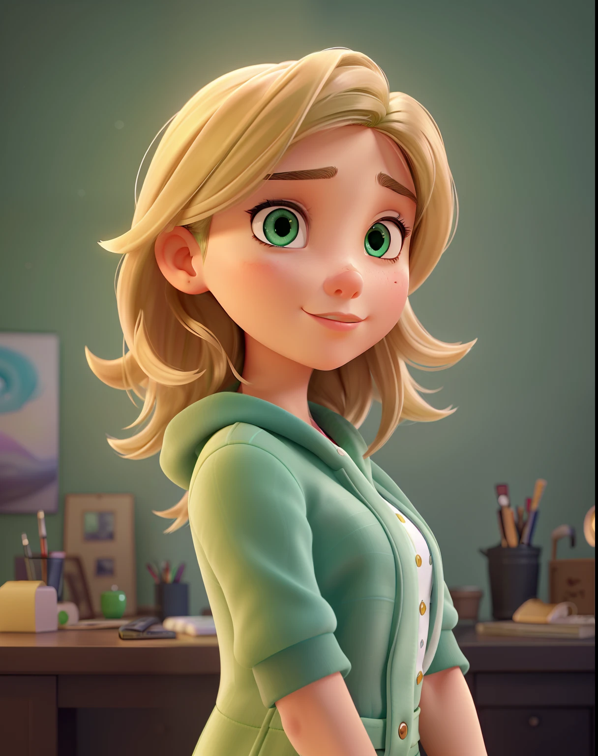 a girl who works in aesthetics,illustration,ultra-realistic:1.2,detailed green eyes and face,fine arts,professional,studio lighting,artistic,clean lines,feminine,colorful palette,bokeh,dark blonde hair flowing smoothly,sharp focus ,High. Pixar film title. title: Rafaela in Paris.