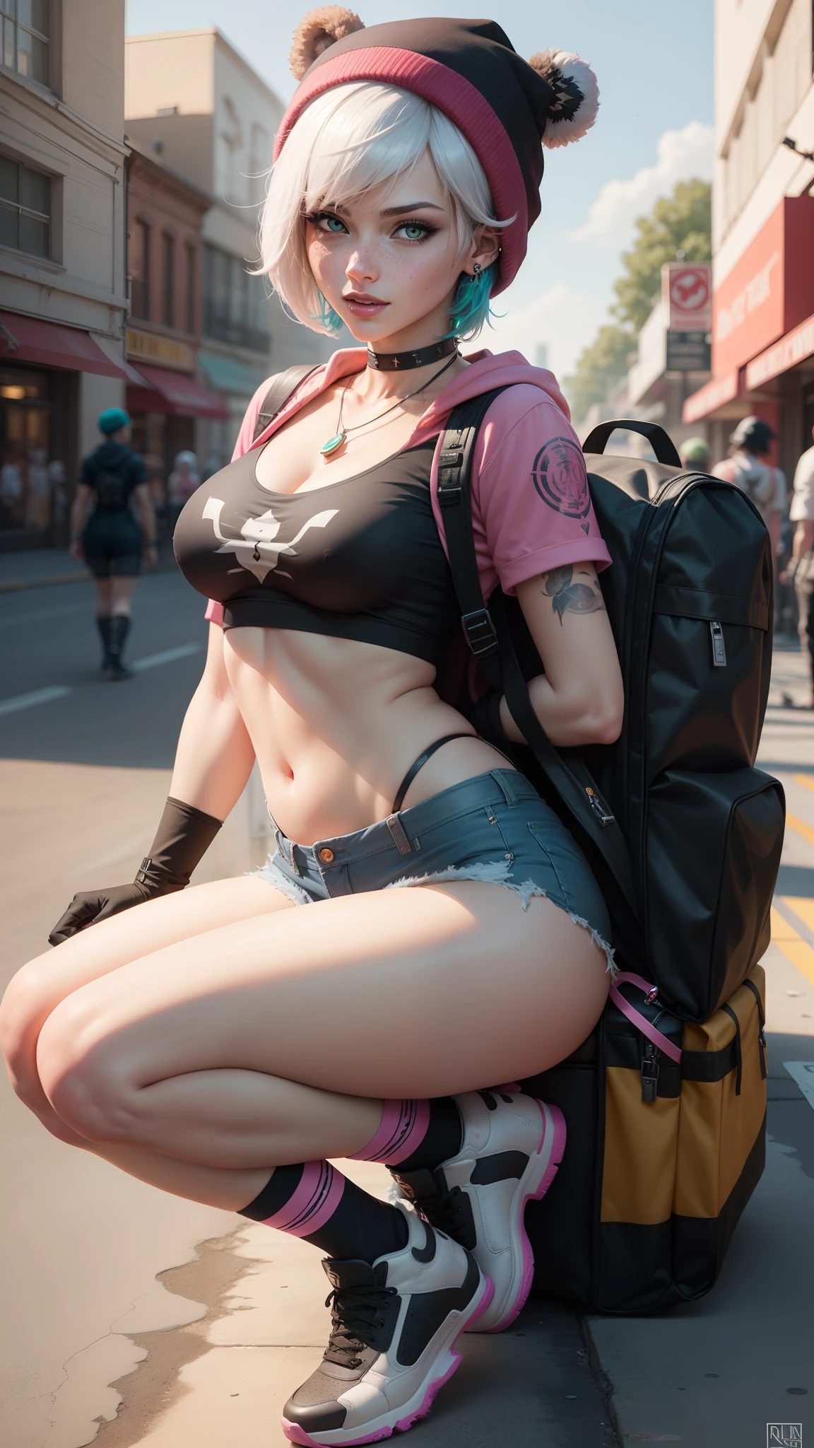 gwen tennyson,tracer,yorha 2b,y'shtola rhul,overwatch,nier automata,mecha pilot,shopping center,tattoos,orange and pink plugsuit,fishnet short sleeve top,denim micro shorts, uncovered belly,short hair,cute makeup,green eyes,multicolored silver hair,sexy smile,freckles,beautiful girl,large breasts,8k,ultra detailed, realistic,fantasy art,skater uniform,ear piercings,cyberpunk suit,saiyan girl,saiyan female,pink short sleeve sport hoodie,bear ear beanie,graffiti wall art,sitting,small backpack,goth necklace,thigh high socks,showing thong,wet shirt,spreading legs,  full body (NSFW breasts), hdri, extremely naked, nude, nua, pelada, nsfw, gigantic breast 1.9