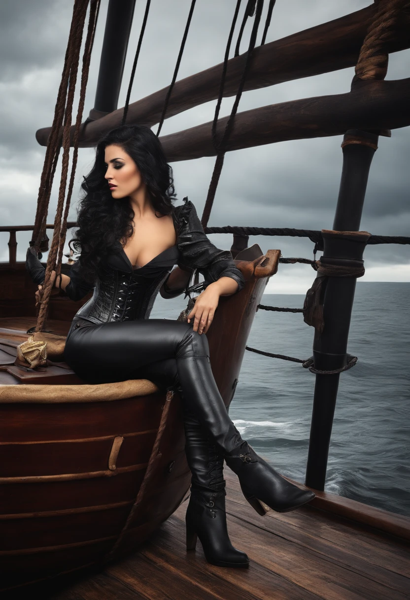 A woman with black hair and eyes is wearing a a black leather top with a black leather corset and black leather pants and black leather boots.she is kneeling on a pirate ship with both hands on the ground and her head looking straight ahead. The boat on which she is located is an old black wooden pirate ship which suffered the attack of a sea storm so the hulls of the boat were torn and the boat was soaked. Uhd, Realstic, manga