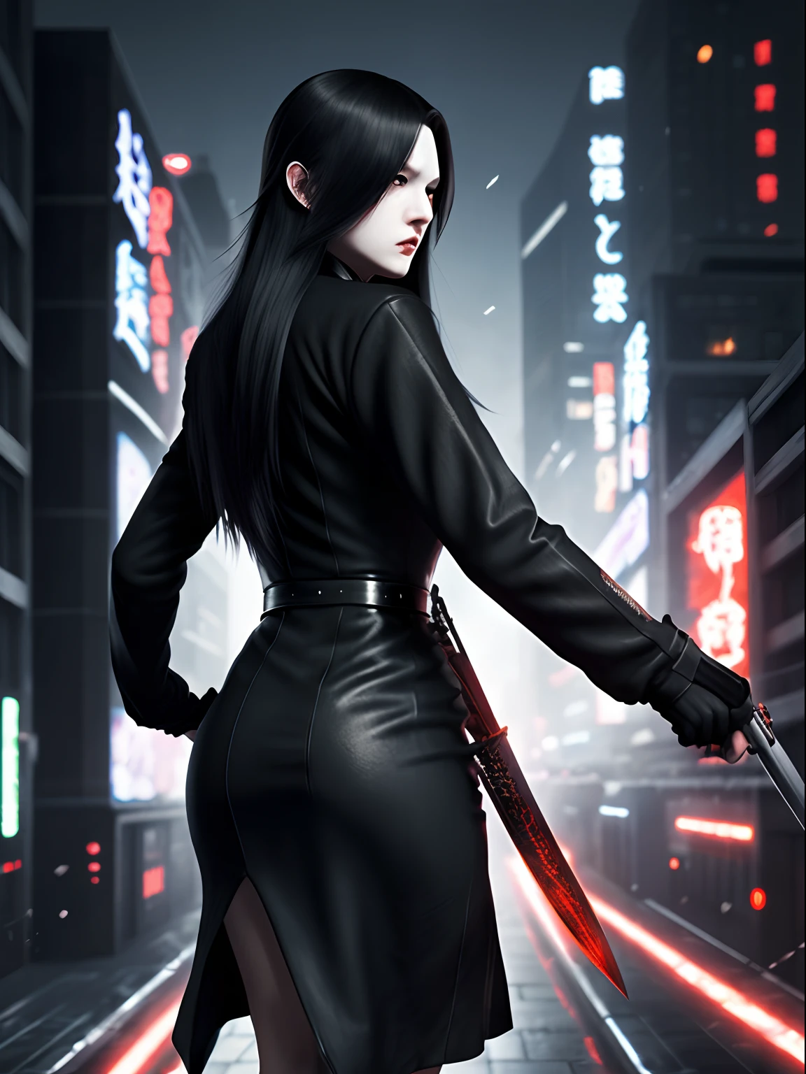 long hair, black and white dress, woman, hitman, 8k, red eyes, holding a katana, holding a gun, full body, back facing, cyber city, elegant, anime ,