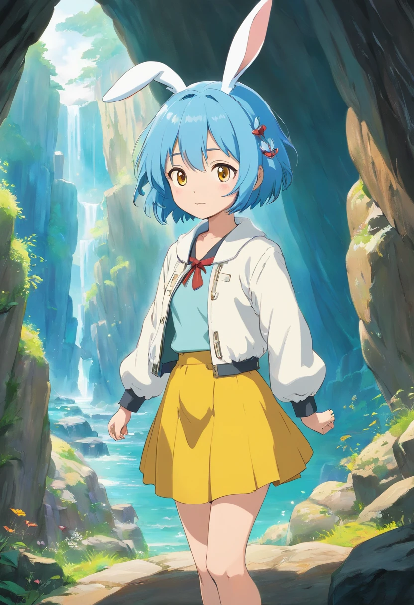 A short-haired bunny girl with blue hair in a white jacket and yellow skirt stands in the depths of the cave,Found a magical treasure chest,There's a sparkling gem inside。miyazaki movie,The expression of a curious explorer, ghibli animated film, miyazaki movie, oil painting, detailed features, animate,The whole scene is dreamy and magical