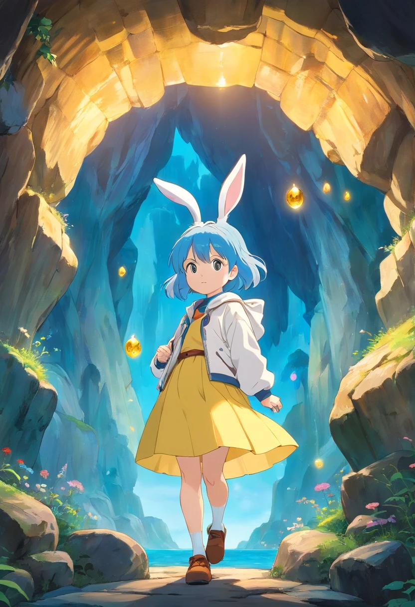 A short-haired bunny girl with blue hair in a white jacket and yellow skirt stands in the depths of the cave，Found a magical treasure chest，There's a sparkling gem inside。miyazaki movie，The expression of a curious explorer, ghibli animated film, miyazaki movie, oil painting, detailed features, animate，The whole scene is dreamy and magical