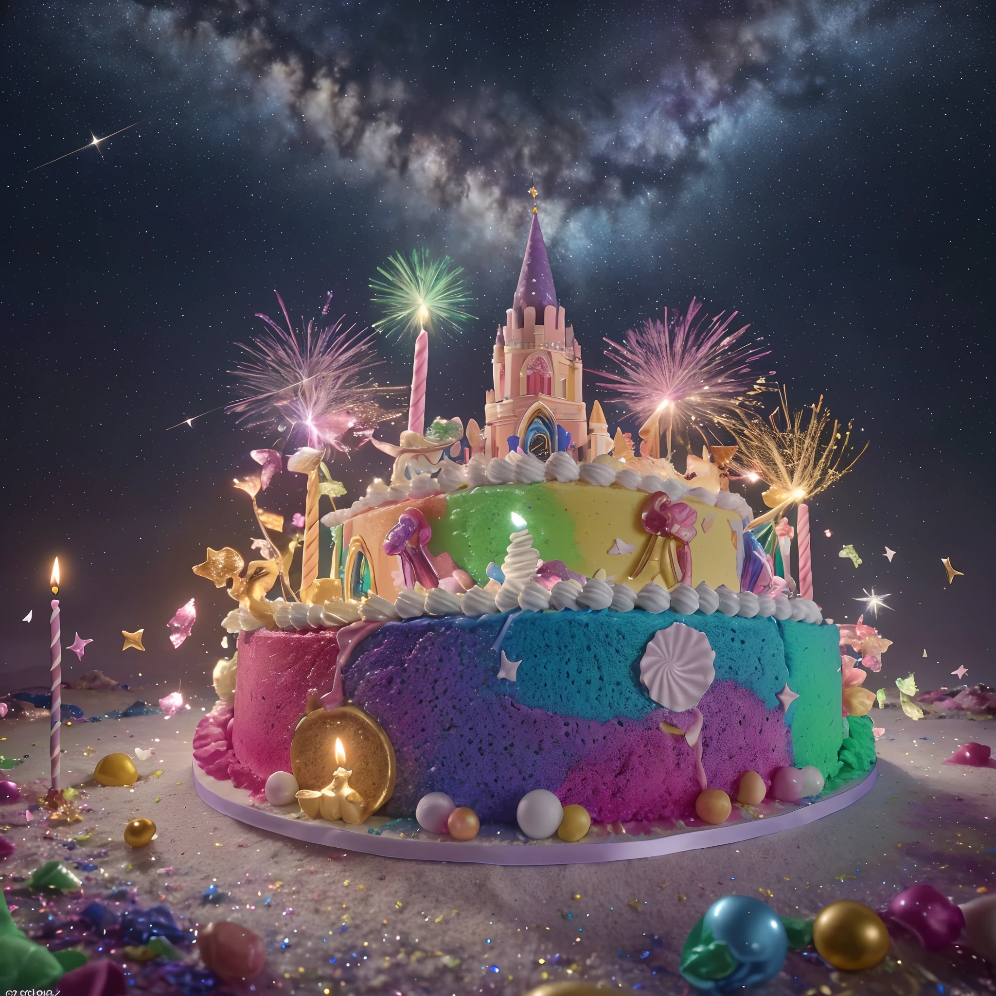 Beautiful 8K Ultra HD professional photos, Sharp focus, In a stunning fantasy starry world,Fairies dance in the sky,A birthday cake filled with gems falls from the sky,A huge cake,It has candles and confetti on it, Huge birthday cake, with sparkling gems on top,isometry,icecream,Confectionery,Beautiful rainbow cake,