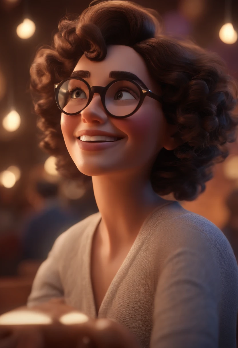 Pixar style image with 3D character white glasses brunette woman short curly hair dancing, Maquiagem Disney,Pescador, bonitinho, sorridente ,Close-up, Pixar, Disney, Cinema lighting,