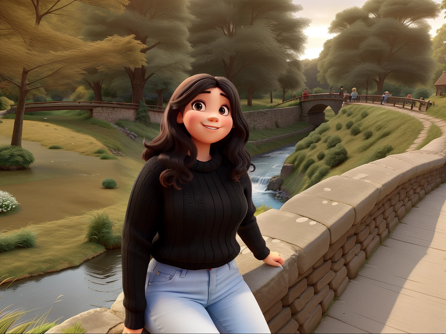 Mulher sorridente com cabelo castanho pelos ombros. Wear jeans and a black knitted sweater. Tem olhos castanhos, um nariz largo e afiado, Big mouth with teeth in full view. The face is chubby. Tem contornos de princesa da disney. She is a young woman of short stature. She is sitting on the wall of a bridge that leads in the direction of a watermill. You can see in the background the river that passes under the bridge and the watermill. In the background there are also trees.