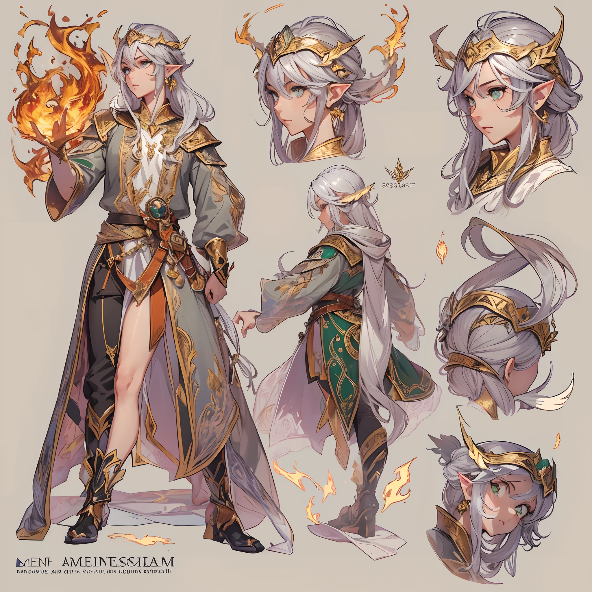 ((Masterpiece, Highest quality)), Detailed face, CharacterDesignSheet， full bodyesbian, Full of details, Multiple poses and expressions, Highly detailed, Depth, Many parts，Male mage，estilo fantasia，Surrounded by flames，Extremely beautiful，High Balance, Natural light, Phoenix decoration，Flame decoration，Mirror 1 male, reference sheet, matching outfits, (Fantasy character design, front angle, side angle, rear angle) medlar, Charming, persuasive, Wise. Average height elves, Long silver hair fell to her shoulders, Pointy ears. with emerald green eyes，Shimmering with a mischievous glow, slender figures, Wear colorful costumes suitable for wandering bards.(Best quality, Masterpiece), 1 boy,  three-view diagram, frontage、Back and side, character sheets,full bodyesbian,Simple background