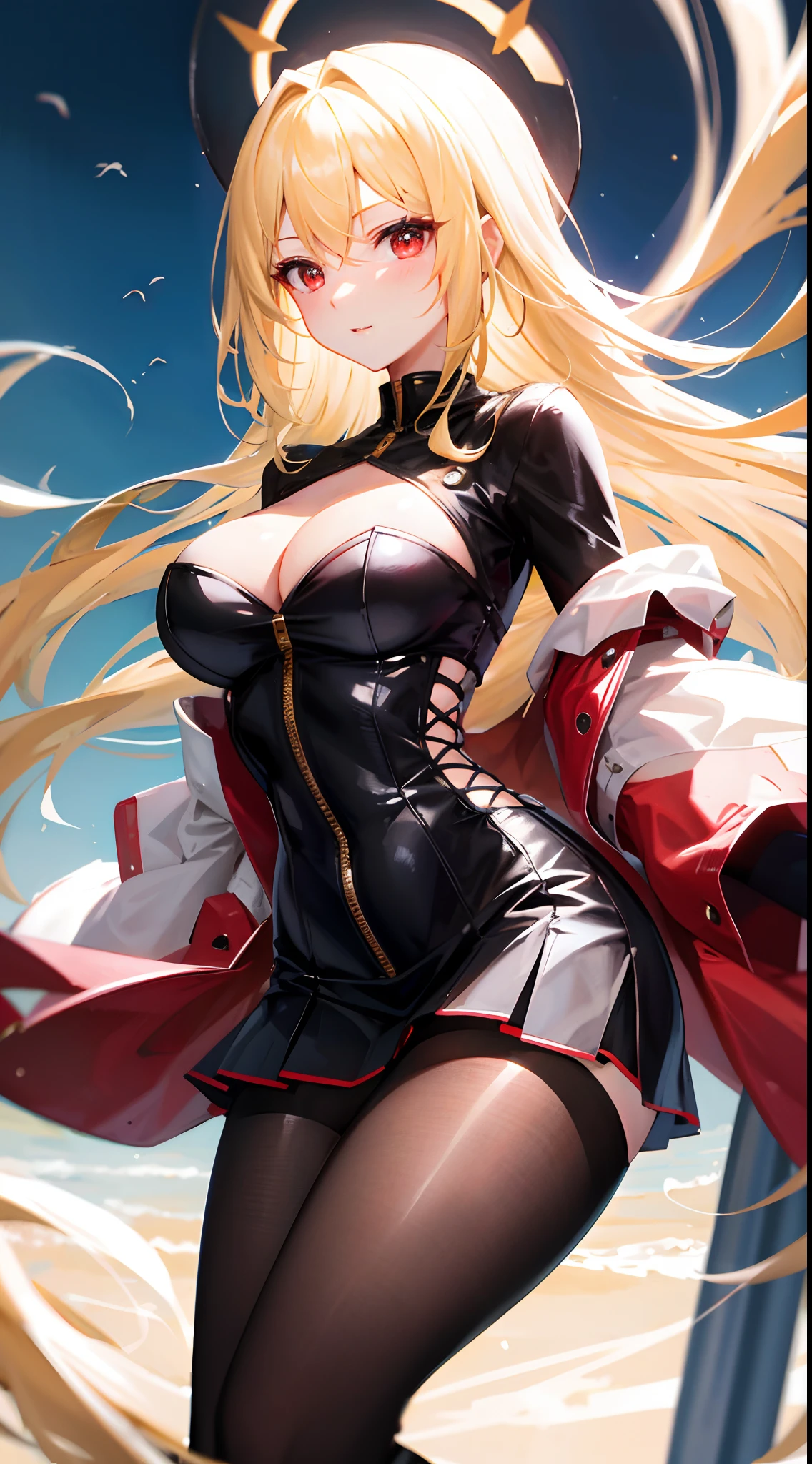 a blond、red eyes、1 beautiful girl、Perfect skirt、skin-tight、A sexy、