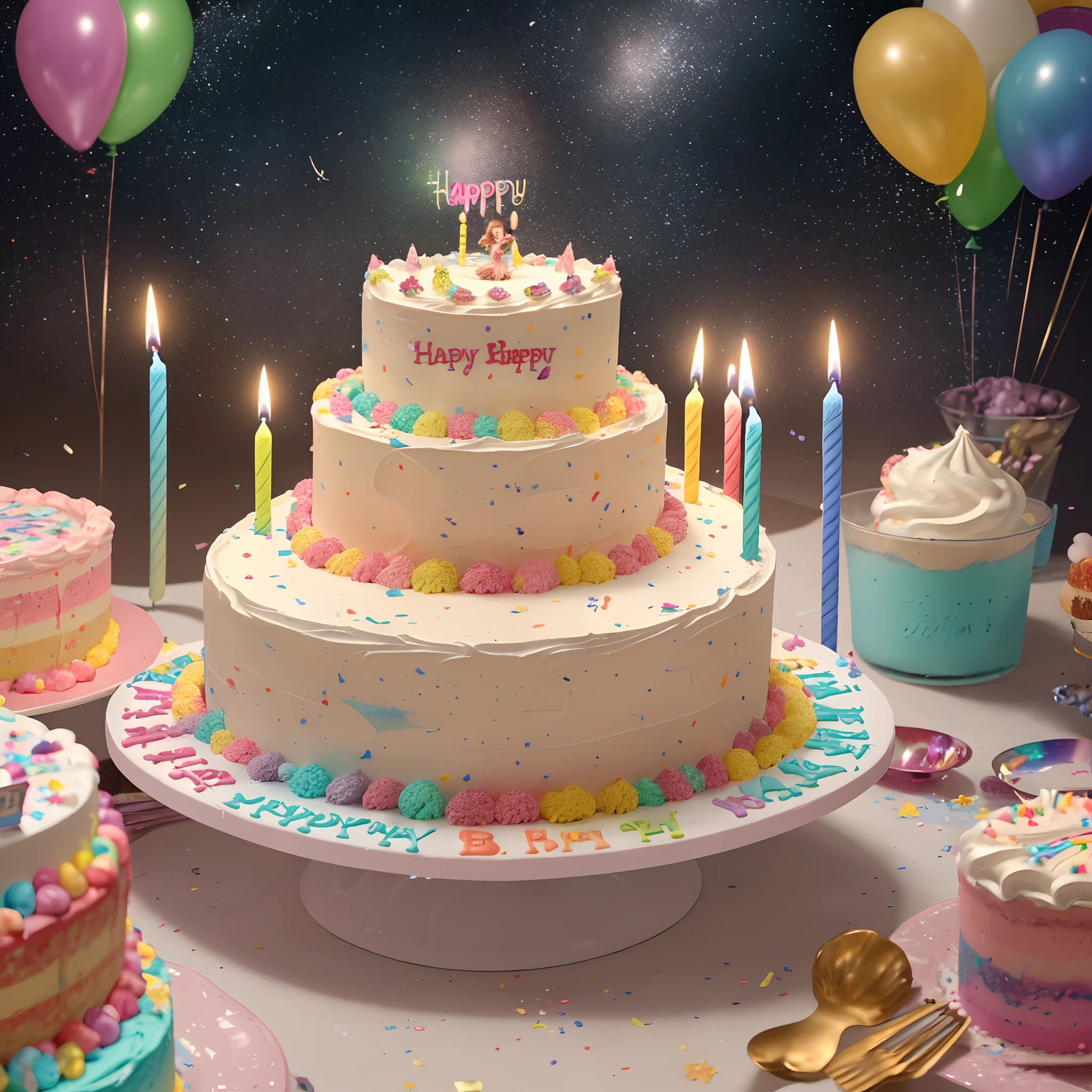 Beautiful 8K Ultra HD professional photos, Sharp focus, In a stunning fantasy starry world,Fairies dance in the sky，A birthday cake filled with gems falls from the sky，A huge cake，It has candles and confetti on it, Huge birthday cake, with sparkling gems on top，isometry，icecream，Confectionery，Beautiful rainbow cake，