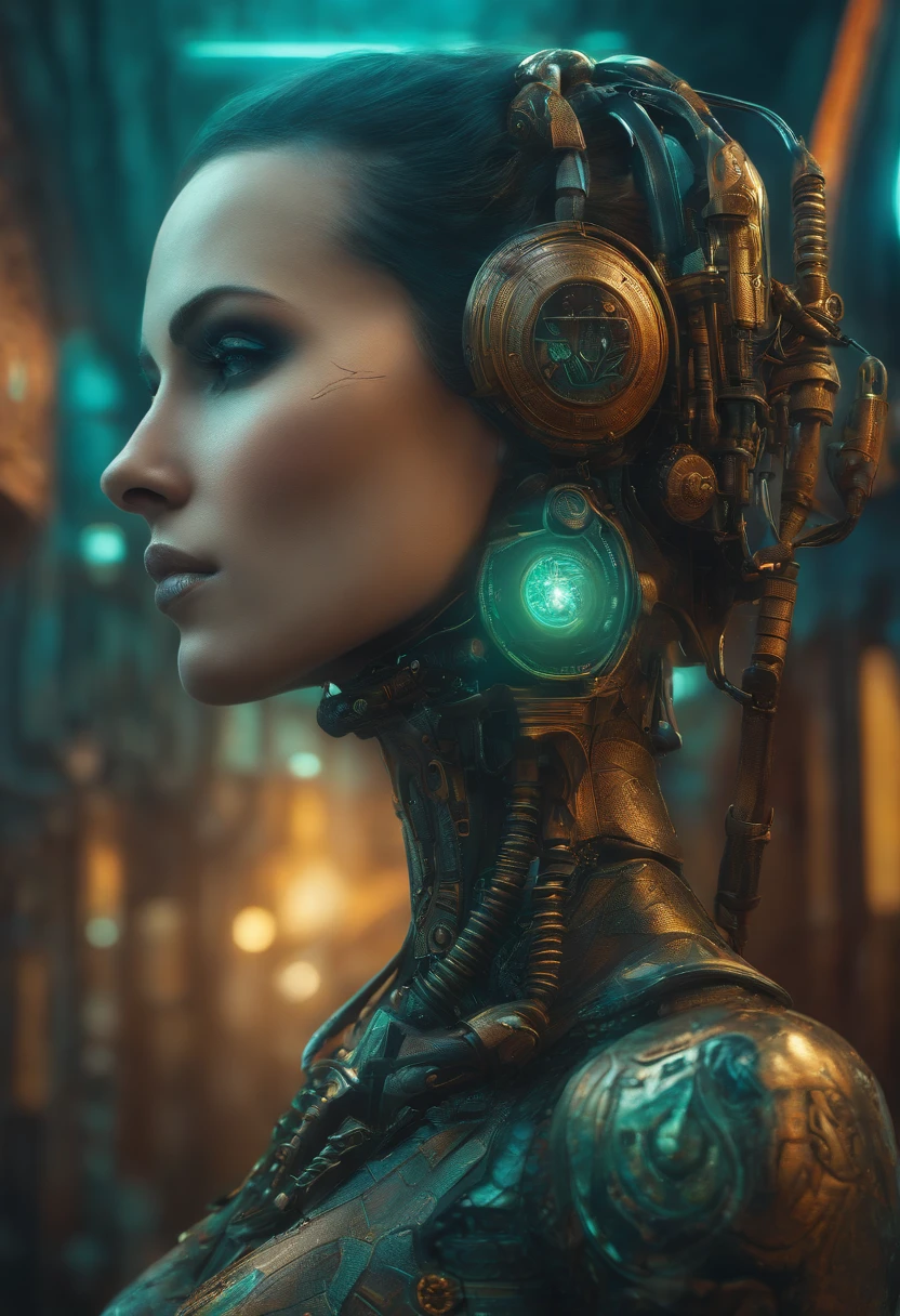 Robot woman tattooed on a cyberpunk background, Nenhum estilo de Andrzej Sykut, Objetos 3D luminosos, Elizabete Gadd, linhas intrincadas, detailed facial features, Victor Nizovtsev, verde claro e preto claro