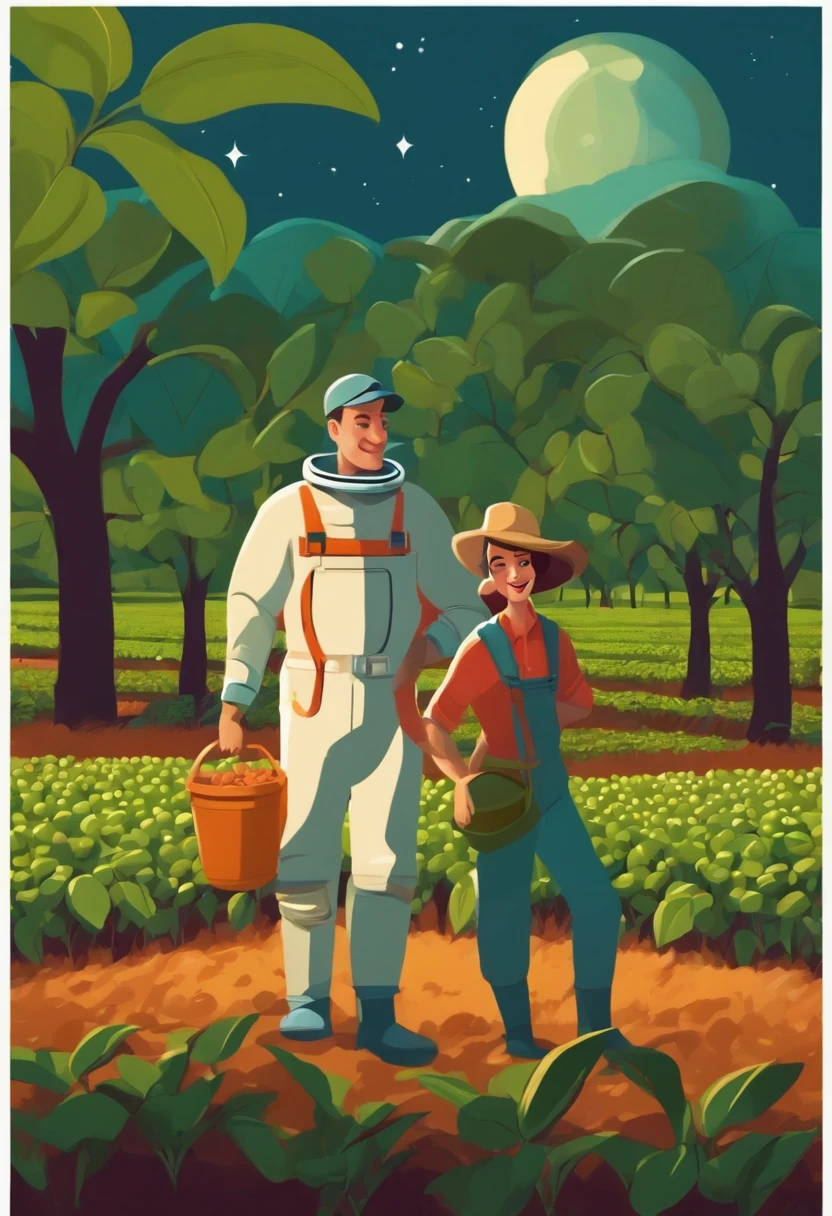Disney Pixar animation cartoon movie style, Astronaut and farmer holding a soybean plant in a soybean plantation.